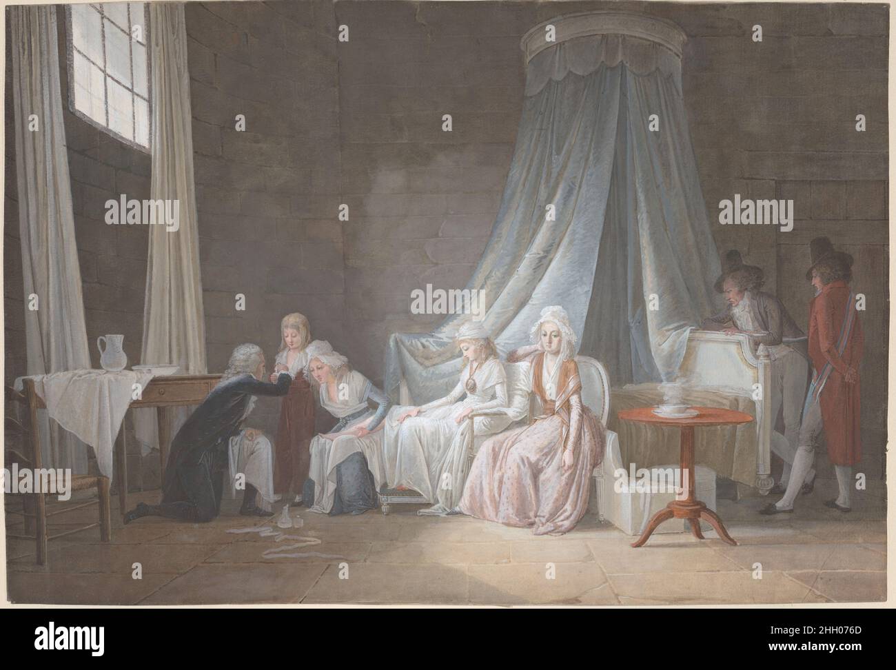 Madame Royale betreut von Doktor Brunier, 24. Januar 1793 um 1793 Jean-Baptiste Mallet Mallet Hier ist eine ergreifende Szene der Inhaftierung der königlichen Familie während des Terrors dargestellt. Der König, Ludwig XVI., war 3 Tage zuvor guillotiniert worden. Der Arzt, der sich um die Kinder der königlichen Familie kümmerte, Pierre Edouard Brunier, besucht das Gefängnis, um sich um den geschwollenen Fuß von Marie-Thérèse, genannt ‘Madame Royale’, zu kümmern Das 14-jährige Mädchen sitzt in der Mitte, weiß gekleidet, mit einer Porträtminiatur ihres Vaters, die an einer Kette um den Hals hängt. Direkt neben ihr sitzt ihre Mutter, die Stockfoto