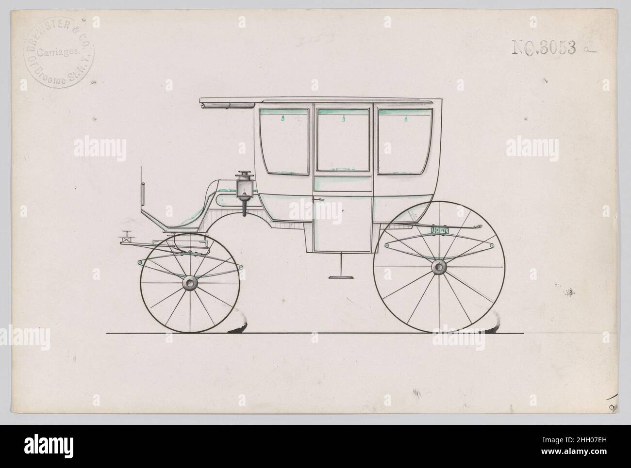 Design für 6 Sitz Rockaway, Nr. 3053a 1874 Brewster & Co. American Brewster & Company HistorieBrewster & Company wurde 1810 von James Brewster (1788–1866) in New Haven, Connecticut, gegründet und spezialisierte sich auf die Herstellung von feinen Wagen. Der Gründer eröffnete 1827 einen New Yorker Showroom in der 53-54 Broad Street, und das Unternehmen florierte unter Generationen der Familienführung. Die Expansion erforderte Umzüge in Lower Manhattan, wobei Namensänderungen die Veränderungen des Managements widerspiegeln – James Brewster & Sons operierten an der Canal Street 25, James Brewster Sons am Broadway 396 und Brewster von der Broome Street wa Stockfoto