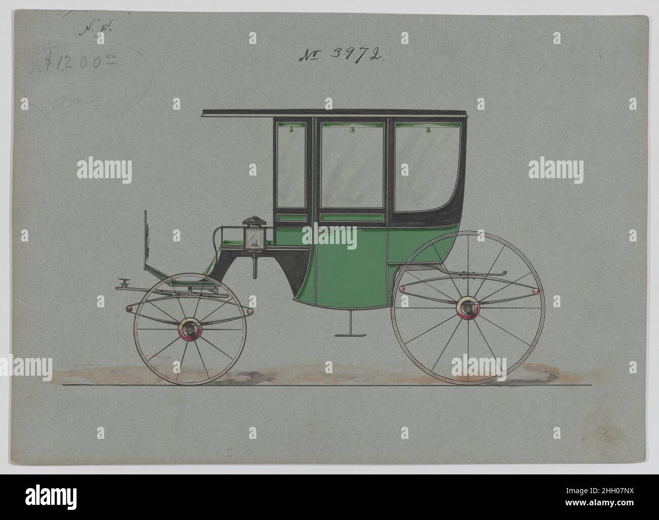 Design für 6 Sitz Rockaway, Nr. 3972 1886 Brewster & Co. American Brewster & Company HistorieBrewster & Company wurde 1810 von James Brewster (1788–1866) in New Haven, Connecticut, gegründet und spezialisierte sich auf die Herstellung von feinen Wagen. Der Gründer eröffnete 1827 einen New Yorker Showroom in der 53-54 Broad Street, und das Unternehmen florierte unter Generationen der Familienführung. Die Expansion erforderte Umzüge in Lower Manhattan, wobei Namensänderungen die Veränderungen des Managements widerspiegeln – James Brewster & Sons operierte an der Canal Street 25, James Brewster Sons am Broadway 396 und Brewster von der Broome Street war Stockfoto