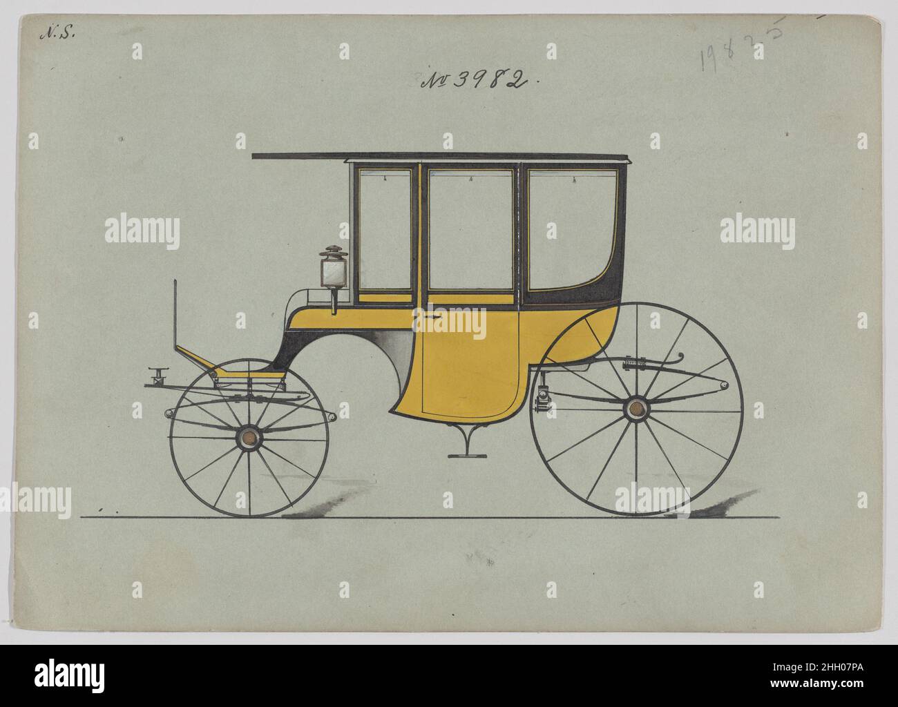 Design für 6 Sitz Rockaway, Nr. 3982 1886 Brewster & Co. American Brewster & Company HistorieBrewster & Company wurde 1810 von James Brewster (1788–1866) in New Haven, Connecticut, gegründet und spezialisierte sich auf die Herstellung von feinen Wagen. Der Gründer eröffnete 1827 einen New Yorker Showroom in der 53-54 Broad Street, und das Unternehmen florierte unter Generationen der Familienführung. Die Expansion erforderte Umzüge in Lower Manhattan, wobei Namensänderungen die Veränderungen des Managements widerspiegeln – James Brewster & Sons operierte an der Canal Street 25, James Brewster Sons am Broadway 396 und Brewster von der Broome Street war Stockfoto