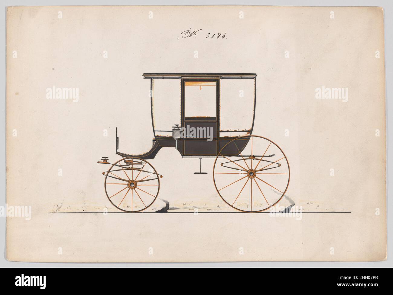 Design für 6 Sitz Rockaway, Nr. 3186 1876 Brewster & Co. American Brewster & Company HistorieBrewster & Company wurde 1810 von James Brewster (1788–1866) in New Haven, Connecticut, gegründet und spezialisierte sich auf die Herstellung von feinen Wagen. Der Gründer eröffnete 1827 einen New Yorker Showroom in der 53-54 Broad Street, und das Unternehmen florierte unter Generationen der Familienführung. Die Expansion erforderte Umzüge in Lower Manhattan, wobei Namensänderungen die Veränderungen des Managements widerspiegeln – James Brewster & Sons operierte an der Canal Street 25, James Brewster Sons am Broadway 396 und Brewster von der Broome Street war Stockfoto