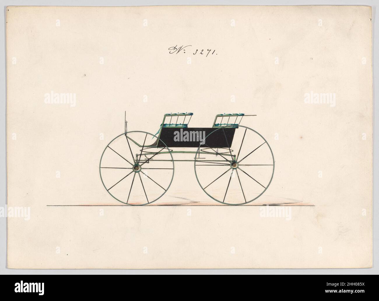 Entwurf für 1/2 Federwagen, Nr. 3271 1876 Brewster & Co. American Brewster & Company HistorieBrewster & Company wurde 1810 von James Brewster (1788–1866) in New Haven, Connecticut, gegründet und spezialisierte sich auf die Herstellung von feinen Wagen. Der Gründer eröffnete 1827 einen New Yorker Showroom in der 53-54 Broad Street, und das Unternehmen florierte unter Generationen der Familienführung. Die Expansion erforderte Umzüge in Lower Manhattan, wobei Namensänderungen die Veränderungen des Managements widerspiegeln – James Brewster & Sons operierten an der Canal Street 25, James Brewster Sons am Broadway 396 und Brewster von der Broome Street wa Stockfoto
