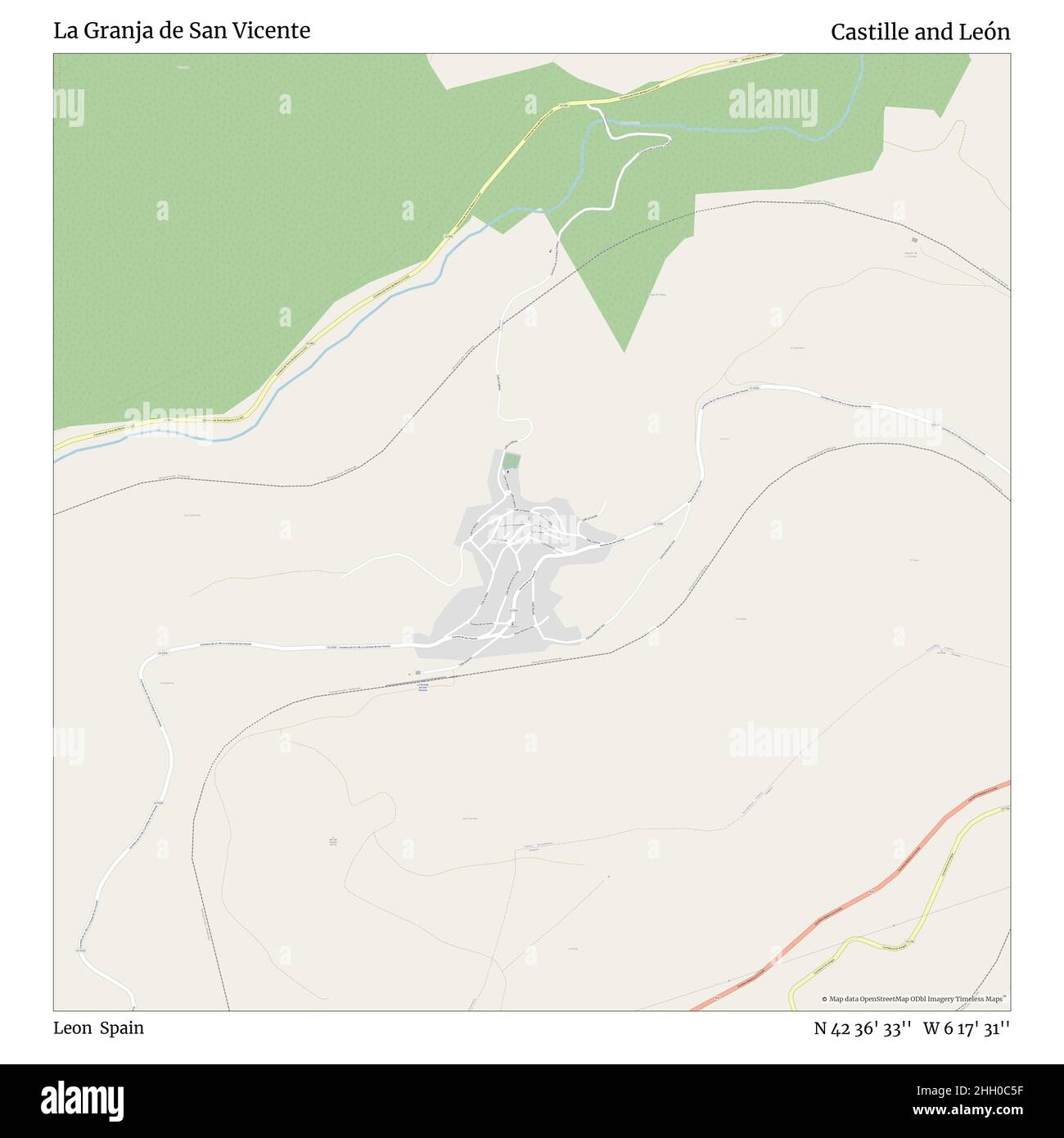 La Granja de San Vicente, Leon, Spanien, Kastilien und León, N 42 36' 33'', W 6 17' 31'', map, Timeless Map veröffentlicht im Jahr 2021. Reisende, Entdecker und Abenteurer wie Florence Nightingale, David Livingstone, Ernest Shackleton, Lewis and Clark und Sherlock Holmes haben sich bei der Planung von Reisen zu den entlegensten Ecken der Welt auf Karten verlassen.Timeless Maps kartiert die meisten Orte auf der Welt und zeigt die Verwirklichung großer Träume Stockfoto