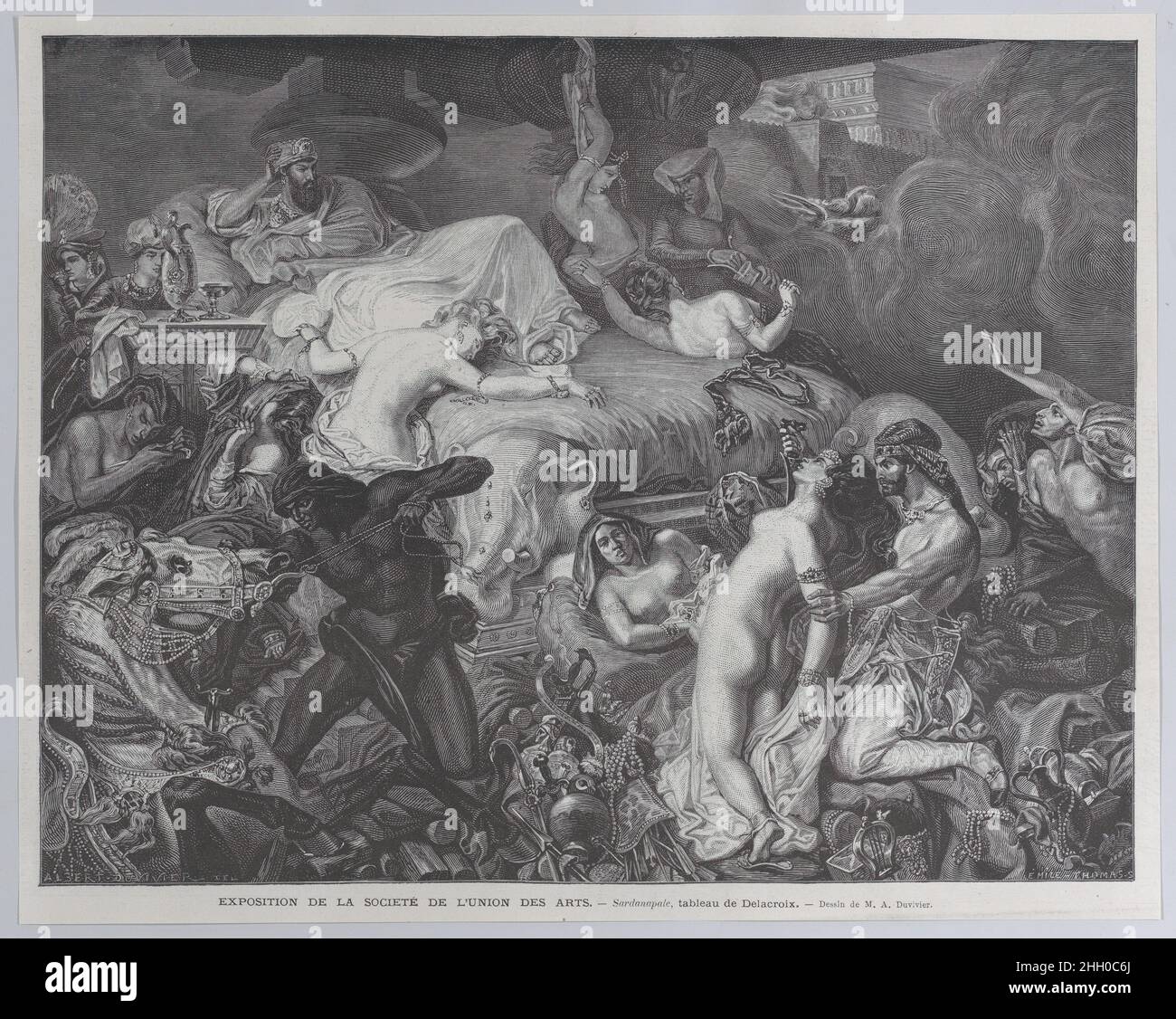 Sardanapale, aus 'Le Monde Illustré' 16. Mai 1874 Emile Thomas die beliebte Illustrierte Wochenzeitung 'Le Monde Illustré' veröffentlichte diese Reproduktion von Delacroixs 'der Tod des Sardanapalus' (1827; Louvre), als das Gemälde im Mai 1874 in eine Ausstellung der Société de l’Union des Arts aufgenommen wurde. Die Zeitschrift erklärte, sie glaube, dass sie "ihren Lesern die bemerkenswertesten Werke, die derzeit in Paris zu sehen sind, bekannt machen muss". Ein Jahrzehnt nach dem Tod des Künstlers war das Gemälde im Vorjahr zum ersten Mal versteigert worden und wurde von dem Händler Paul Durand-Ruel gekauft, der es einem ausgeliehen hatte Stockfoto