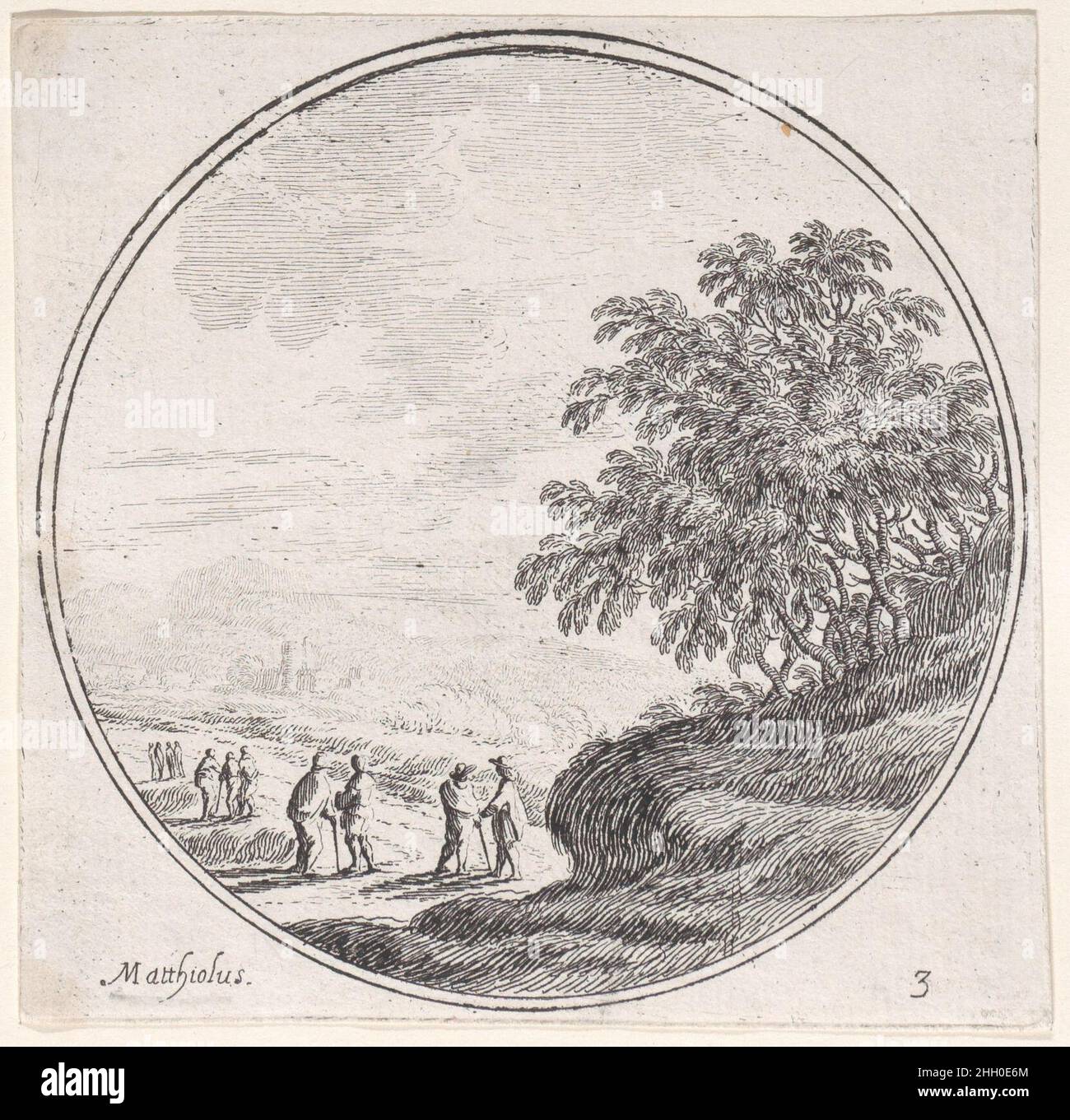 Tafel 3: Figuren in einer Landschaft unten links, Bäume rechts 1680–1747 Lodovico Mattioli. Tafel 3: Figuren in einer Landschaft unten links, Bäume rechts. Lodovico Mattioli (Italienisch, Crevalcore 1662–1747 Bologna). 1680–1747. Ätzen. Ausdrucke Stockfoto