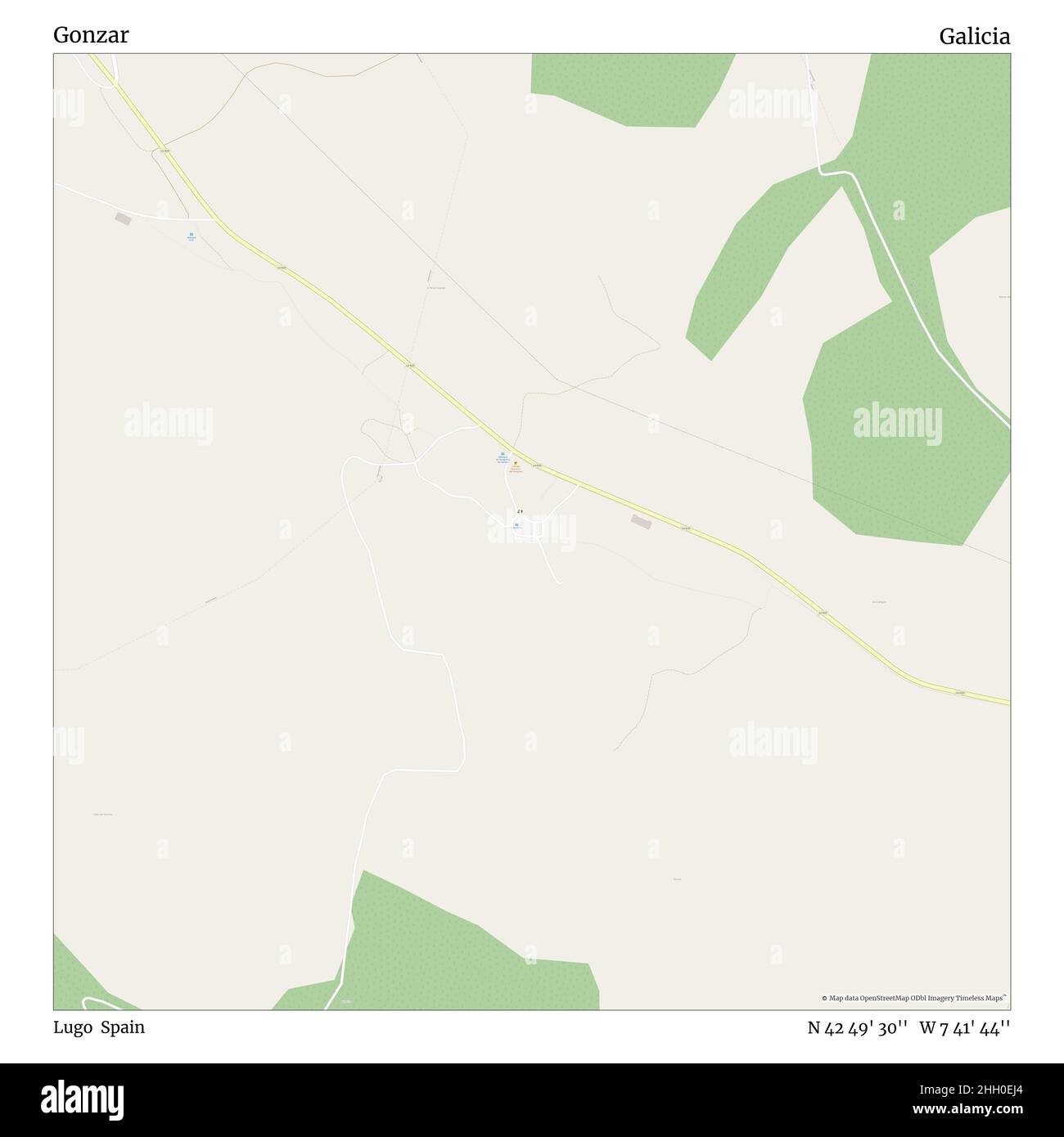 Gonzar, Lugo, Spain, Galicia, N 42 49' 30'', W 7 41' 44'', map, Timeless Map veröffentlicht im Jahr 2021. Reisende, Entdecker und Abenteurer wie Florence Nightingale, David Livingstone, Ernest Shackleton, Lewis and Clark und Sherlock Holmes haben sich bei der Planung von Reisen zu den entlegensten Ecken der Welt auf Karten verlassen.Timeless Maps kartiert die meisten Orte auf der Welt und zeigt die Verwirklichung großer Träume Stockfoto