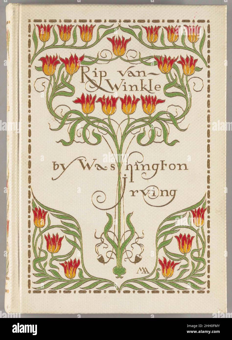 RIP Van Winkle 1899 Margaret Neilson Armstrong 'die Fotogravuren in diesem Band stammen von Entwürfen von Frederick Simpson Coburn. Die Grenzen und das Cover stammen von Miss Margaret Armstrong'--Page [iii].'die Bücher ['Legend of Sleepy Hollow' und 'Rip Van Winkle'] sind sowohl als Set als auch einzeln erhältlich und haben keine Volumenmarkierungen. RIP Van Winkle: Pp. V; 115; 7 Tafeln. Legend of Sleepy Hollow: Pp. V; 191; 8 Tafeln. Signiertes Margaret Armstrong Linienset mit 21 Tulpen und Titeln in Gold auf dunkelrotem Buckram mit 4-mal wiederholtem Tulpenmotiv auf dem Rücken mit Titeln (identi Stockfoto