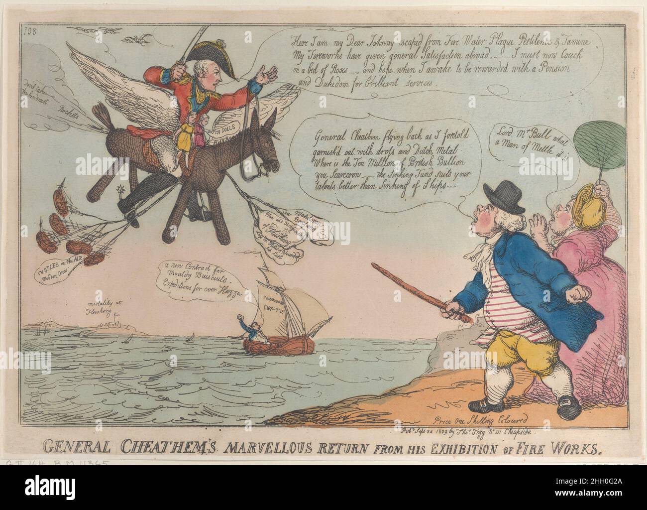 General Cheathem's Marvelous Return from his Exhibition of Fire Works 24. September 1809 Thomas Rowlandson Links fliegt Lord Chatham mit gezogenem Schwert auf einem Holzpferd mit gefiederten Flügeln über den Kanal in Richtung der englischen Küste. Chatham wendet sich an John Bull und seine Frau, die am Ufer stehen (rechts) und zu ihm aufschauen: 'Hier bin ich mein lieber Johnny, der vor Feuer, Wasser, Pest, Seuche und Hungersnot entflohen ist.Mein Feuerwerk hat im Ausland allgemeine Genugtuung gegeben – ich muss jetzt auf einem Bett aus Rosen schlafen – Und hoffe, wenn ich aufwache, dass ich mit einer Pension und Herzogtum für brillante Dienstleistungen belohnt werde.“ John ho Stockfoto