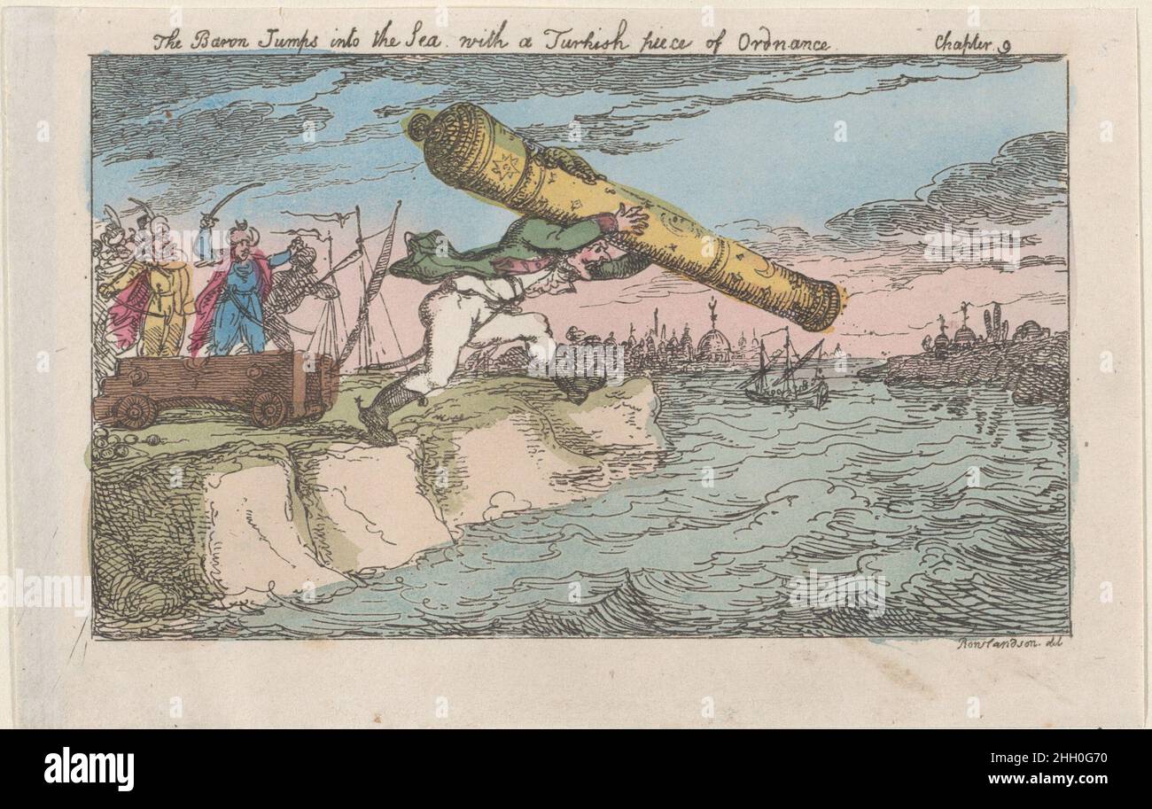 Der Baron springt mit einem türkischen Stück Ordnance ins Meer [1809], neu aufgelegt 1811 Thomas Rowlandson der Baron springt mit einer Kanone in der Mitte ins Meer, wobei Türken ihn links verfolgen. Der Baron springt mit einem türkischen Stück Ordnance ins Meer. „Überraschende Abenteuer des berühmten Baron Münchhausen“. Thomas Rowlandson (British, London 1757–1827 London). [1809], Neuaufgelegt 1811. Handkolorierte Radierung; Neuauflage. Thomas Tegg (Großbritannien, 1776–1846). Ausdrucke Stockfoto