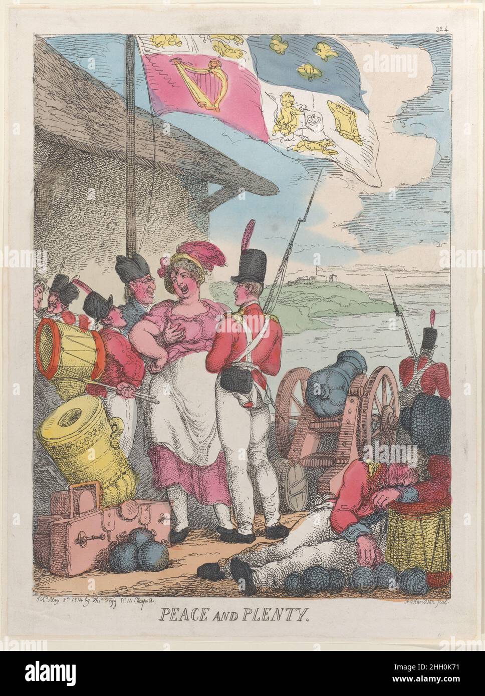 Peace and Plenty 8. März 1814 Thomas Rowlandson drei Soldaten flirten mit einer Frau im Zentrum. Ein anderer Soldat schläft neben Kanonenkugeln mit dem Kopf auf einer Trommel rechts. Ruhe und viel. Thomas Rowlandson (British, London 1757–1827 London). 8. März 1814. Handkolorierte Radierung. Thomas Tegg (Großbritannien, 1776–1846). Ausdrucke Stockfoto