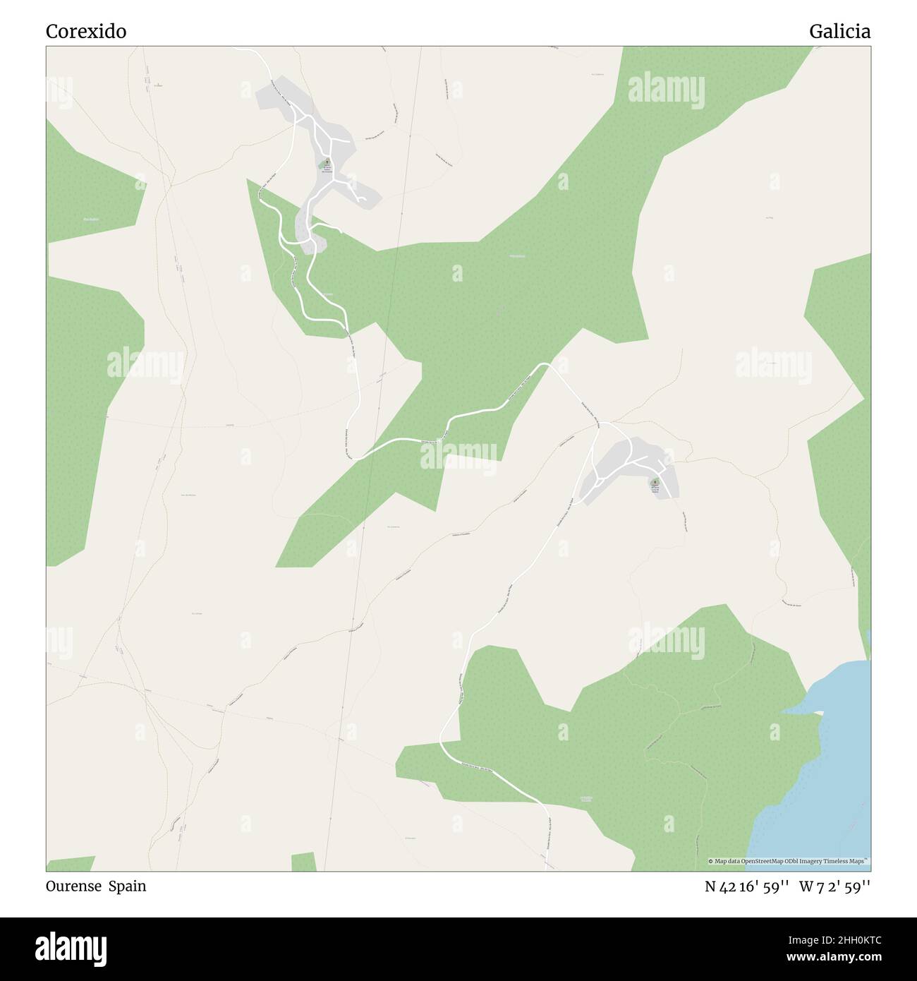 Corexido, Ourense, Spanien, Galicien, N 42 16' 59'', W 7 2' 59'', map, Timeless Map veröffentlicht im Jahr 2021. Reisende, Entdecker und Abenteurer wie Florence Nightingale, David Livingstone, Ernest Shackleton, Lewis and Clark und Sherlock Holmes haben sich bei der Planung von Reisen zu den entlegensten Ecken der Welt auf Karten verlassen.Timeless Maps kartiert die meisten Orte auf der Welt und zeigt die Verwirklichung großer Träume Stockfoto
