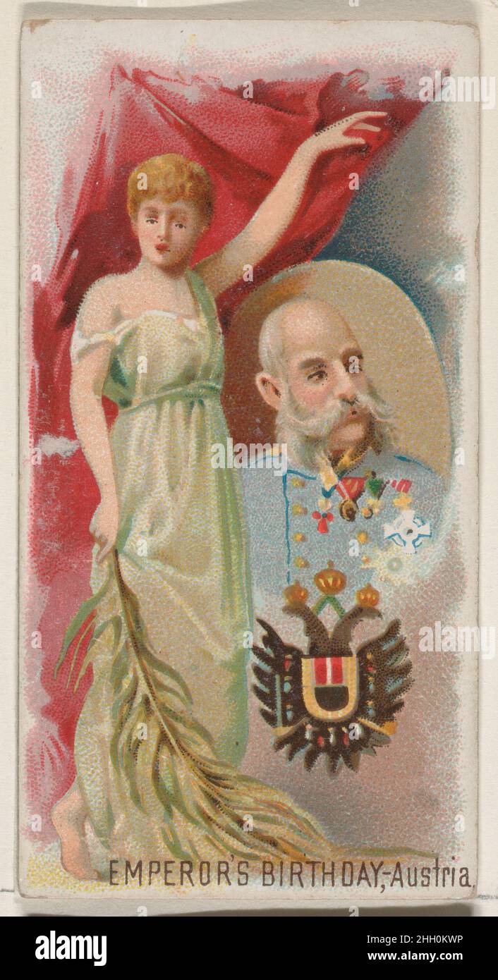 Emperor's Birthday, Österreich, aus der Holidays-Serie (N80) für Zigaretten der Marke Duke 1890, herausgegeben von W. Duke, Sons & Co. American Trade Cards aus der 'Holidays'-Serie (N88), herausgegeben in einem Satz von 50 Karten im Jahr 1890 zur Werbung für Zigaretten der Marke W. Duke Sons & Co. Die Serie zeigt Bürger aus verschiedenen Ländern in traditioneller Kleidung, die lokale Feiertage feiern. Jede Karte enthält den Titel der Serie, eine Beschreibung des jeweiligen Feiertags und seiner Geschichte sowie eine Anzeige für W. Duke, Sons & Co. Die Tabakhersteller Goodwin & Co. Veröffentlichten diese Serie auch mit Markenwerbung für Old Ju Stockfoto