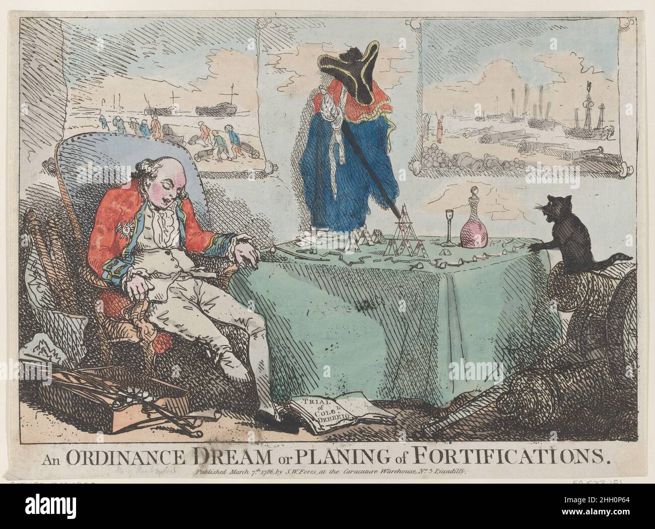Ein Ordnungstraum oder die Planung von Befestigungsanlagen 7. März 1786 Thomas Rowlandson der Herzog von Richmond schläft in einem Sessel auf der linken Seite. Oben auf dem Tisch in der Mitte sind Spielkarten und Bruchstücke von Tabakpfeifen angeordnet, um Festungen darzustellen. Rechts sitzt eine Katze auf einer Kanone. Ein Ordinanztraum oder die Planung von Befestigungsanlagen. Thomas Rowlandson (British, London 1757–1827 London). 7. März 1786. Handkolorierte Radierung. S. W. Fores (London). Ausdrucke Stockfoto