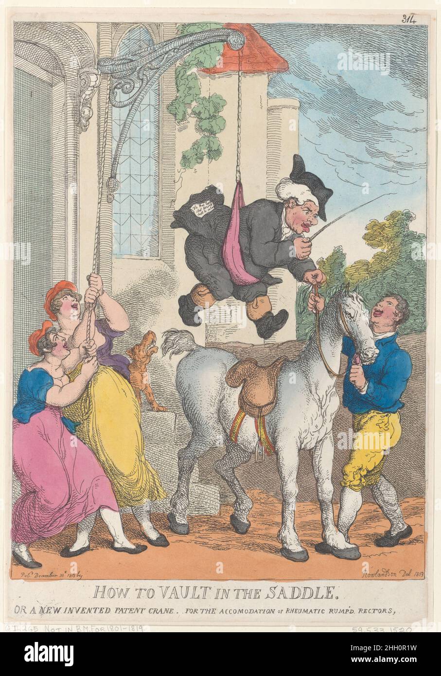 Wie man sich im Sattel oder einem neu erfundenen Patentkrane für die Unterkunft oder Rheumarektoren Gewölbe 30. Dezember 1813 Thomas Rowlandson Ein Rektor wird von seinem Pferd durch ein Riemenscheibensystem, das um seine Taille gebunden ist, von zwei Mädchen links gezogen, gehisst. Wie man sich im Sattel oder einem neu erfundenen Patentkrane für die Unterkunft oder Rheuma Rumped'd Rectors Gewölbe. Thomas Rowlandson (British, London 1757–1827 London). 30. Dezember 1813. Handkolorierte Radierung. Ausdrucke Stockfoto Wie man sich im Sattel oder einem neu erfundenen Patentkrane für die Unterkunft oder Rheumarektoren Gewölbe 30. Dezember 1813 Thomas Rowlandson Ein Rektor wird von seinem Pferd durch ein Riemenscheibensystem, das um seine Taille gebunden ist, von zwei Mädchen links gezogen, gehisst. Wie man sich im Sattel oder einem neu erfundenen Patentkrane für die Unterkunft oder Rheuma Rumped'd Rectors Gewölbe. Thomas Rowlandson (British, London 1757–1827 London). 30. Dezember 1813. Handkolorierte Radierung. Ausdrucke Stockfoto