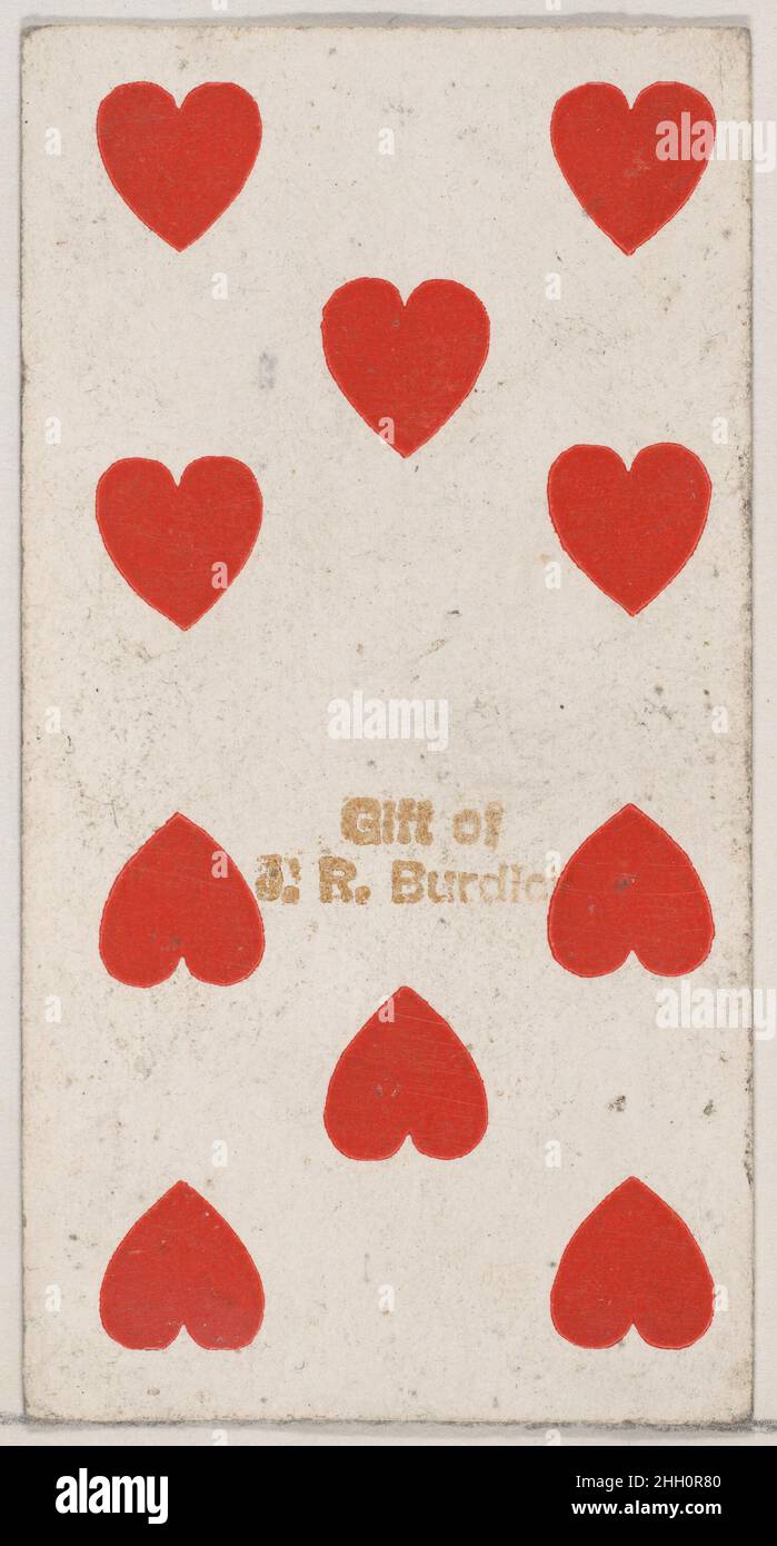 Ten Hearts, aus der Spielkarten-Serie (N84) zur Förderung türkischer Cross-Cut-Zigaretten für W. Duke, Sons und Co. 1888, herausgegeben von W. Duke, Sons & Co. American Trade Cards aus der Spielkarten-Serie (N84), Im Jahr 1888 in einem Satz von 53 Karten ausgegeben, um die von W. Duke Sons & Co. Produzierten türkischen Cross-Cut-Zigaretten zu bewerben. Der Joker wirbt für Zigaretten der Marke Duke und das Ace of Spades zeigt eine Anzeige für türkische Cross-Cut-Zigaretten. Neben dem türkischen Cross-Cut wurde auch eine Version desselben Spielkartenspiels veröffentlicht, um t zu fördern Stockfoto