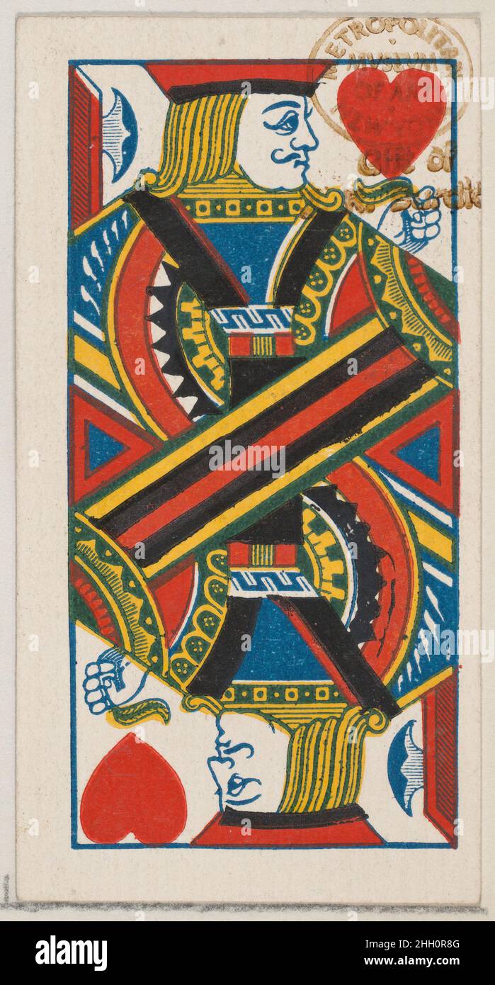 Jack of Hearts, aus der Spielkarten-Serie (N84) zur Förderung türkischer Cross-Cut-Zigaretten für W. Duke, Sons und Co. 1888, herausgegeben von W. Duke, Sons & Co. American Trade Cards aus der Spielkarten-Serie (N84), Im Jahr 1888 in einem Satz von 53 Karten ausgegeben, um die von W. Duke Sons & Co. Produzierten türkischen Cross-Cut-Zigaretten zu bewerben. Der Joker wirbt für Zigaretten der Marke Duke und das Ace of Spades zeigt eine Anzeige für türkische Cross-Cut-Zigaretten. Neben dem türkischen Cross-Cut wurde auch eine Version desselben Spielkartenspiels für die Promo veröffentlicht Stockfoto