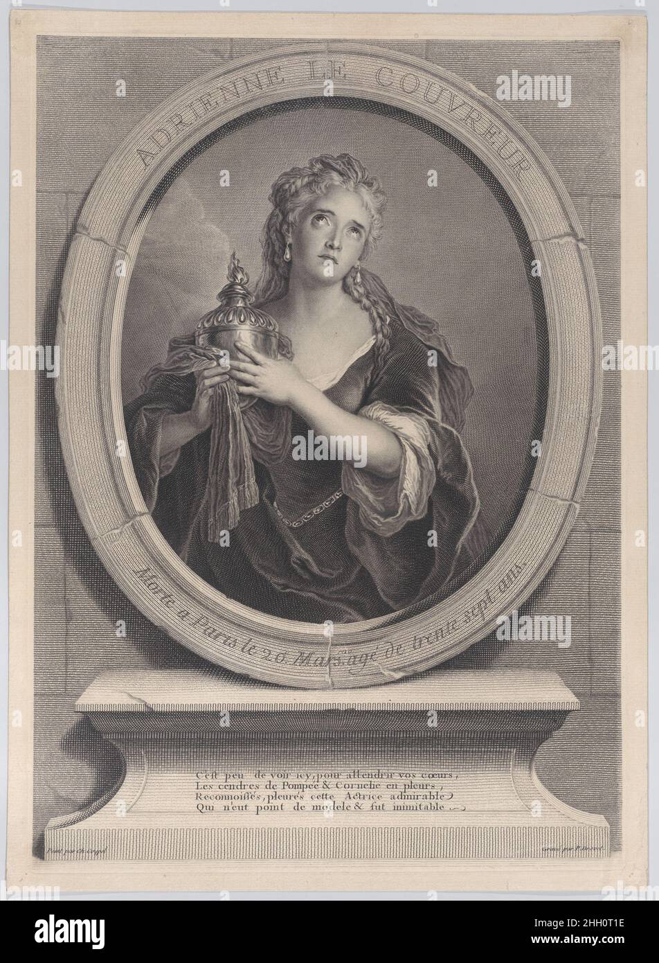 Porträt von Adrienne Lecouvreur als Cornelia in Corneilles 'La Mort de Pompée' 1730 Pierre Imbert Drevet. Porträt von Adrienne Lecouvreur als Cornelia in Corneilles 'La Mort de Pompée'. Pierre Imbert Drevet (Französisch, Paris 1697–1739 Paris). 1730. Gravur; dritter Zustand von drei. Ausdrucke Stockfoto