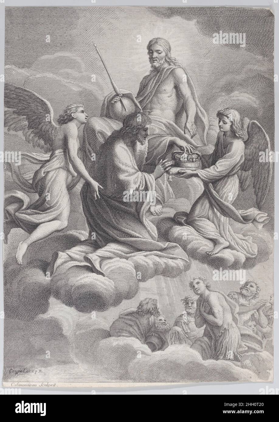 Der heilige Ludwig von Frankreich wurde von Christus und zwei Engeln, die ihm die Krone Frankreichs anbieten, in den Himmel aufgenommen 1671–80 Charles Simonneau. Der heilige Ludwig von Frankreich hat von Christus und zwei Engeln, die ihm die Krone Frankreichs anbieten, in den Himmel aufgenommen. Charles Simonneau (Französisch, Orléans vor 1645–1728 Paris). 1671–80. Gravur. Noël Coypel (Französisch, Paris 1628–1707 Paris). Ausdrucke Stockfoto
