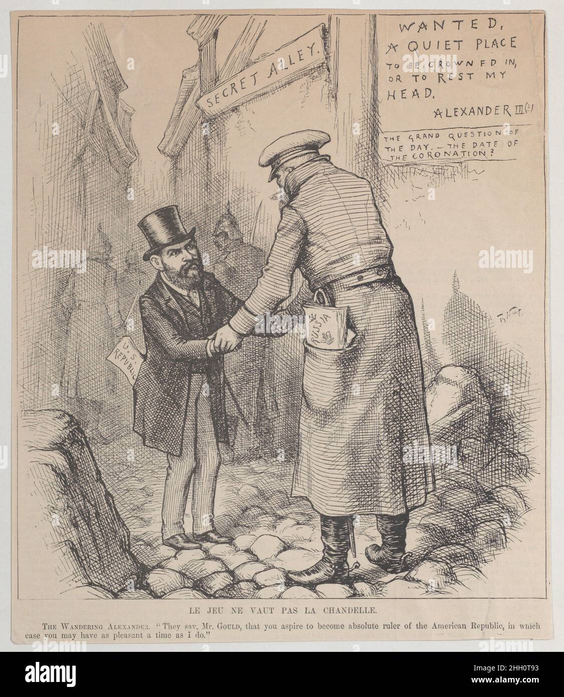 Le Jeu Ne vaut Pas La Chandelle (The Game is Not Worth a Candle) 1881–83 Thomas Nast der amerikanische Räuberbaron Jay Gould (1832–1896) schüttelt sich in einer geheimen Gasse die Hände mit dem russischen Zaren Alexander. Text rechts an einer Wand lautet: 'Wollte einen ruhigen Ort, um sich zu krönen, oder um meinen Kopf zu ruhen. / Alexander III (?) / die große Frage des Tages. – das Datum der Krönung?' Alexanders Vater wurde im März 1881 ermordet, aber er wurde nicht bis zum 1883. Mai kräht. Le Jeu Ne vaut Pas La Chandelle (das Spiel ist keine Kerze wert). Thomas Nast (Amerikaner (geboren in Deutschland), Landau 1840–1902 Guayaquil). 1881–83. Stockfoto