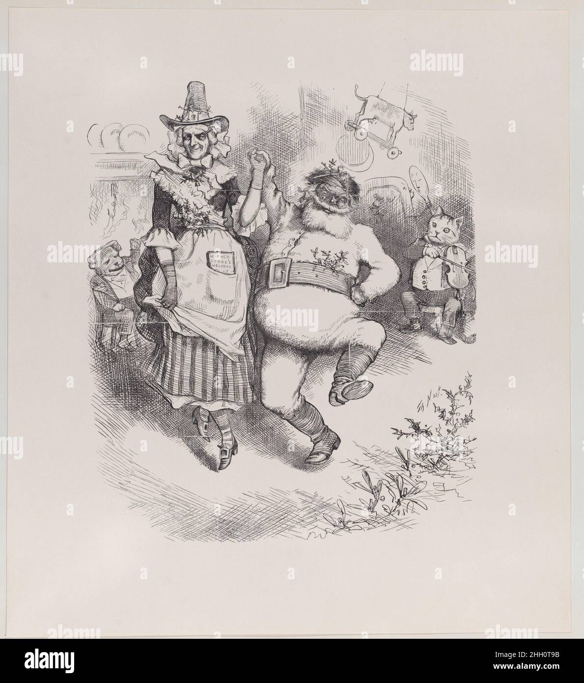 A Merry Christmas (veröffentlicht in 'Harper's Weekly', 3. Januar 1880) ursprünglich veröffentlicht 1880 Thomas Nast Santa, gekleidet in einen Pelzanzug mit einem breiten Gürtel, in den Stücke von Mistel gesteckt sind, hält die Hände mit Mutter Gans, um in einem Innenraum zu tanzen. Die 'Katze und die Geige' gibt Musik und ein 'kleiner Hund' sitzt neben dem brüllenden Feuer und lacht, um so viel Spaß zu sehen. Der zugehörige Holzstich erschien auf dem Cover von Harper's Weekly, 3. Januar 1880. A Merry Christmas (veröffentlicht in „Harper's Weekly“, 3. Januar 1880). Thomas Nast (Amerikaner (geb. Deutschland), Landau 1840–1902 Guayaquil). Ursprünglich veröffentlicht Stockfoto