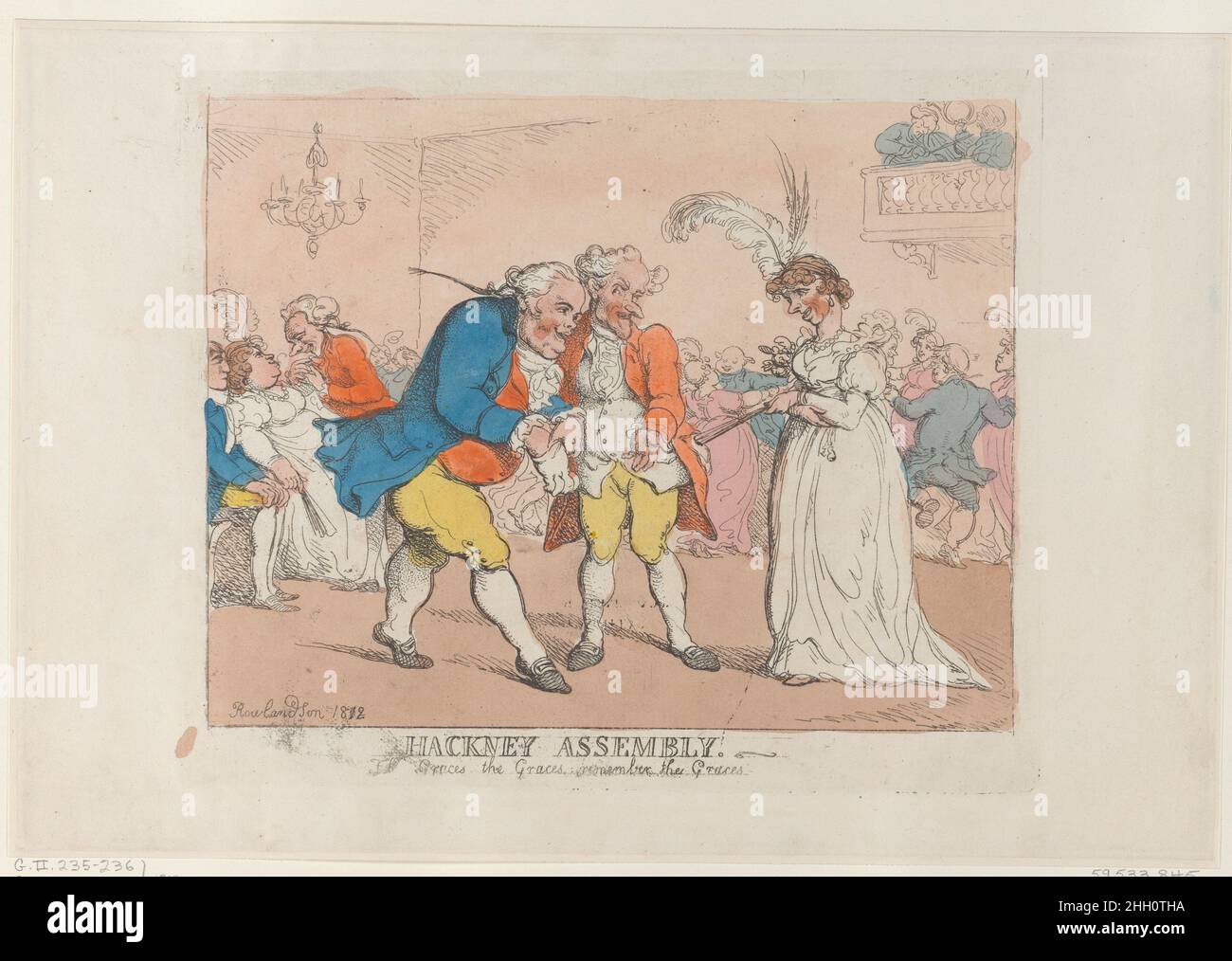 Hackney Assembly [1802], neu aufgelegt 1812 Thomas Rowlandson in einem Ballsaal sprechen zwei Herren eine Frau an, die einen Fan rechts hält. Hackney Assembly. Thomas Rowlandson (British, London 1757–1827 London). [1802], Neuaufgelegt 1812. Handkolorierte Radierung. Ausdrucke Stockfoto