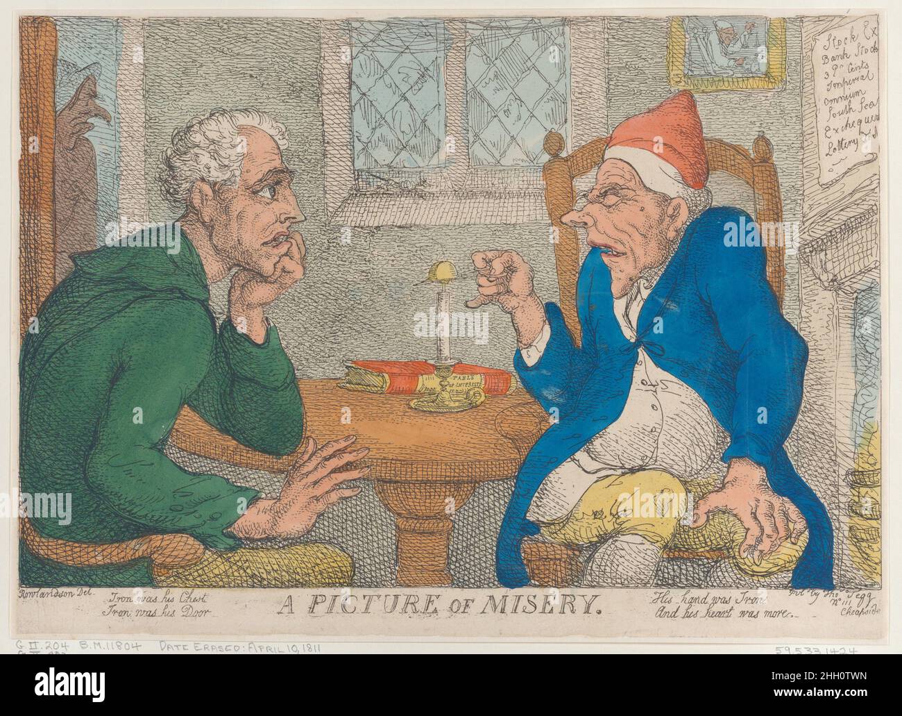 Ein Bild des Elends 10. April 1811 Thomas Rowlandson ein alter Geizhals sitzt zwischen dem Kamin und einem Tisch und schnappt sich eine Kerze. Er ignoriert einen Mann, der ihm gegenüber sitzt und in Qualen wartet. Auf dem Tisch steht ein großes Buch, 'Table of Interest'. Ein Bild des Elends. Thomas Rowlandson (British, London 1757–1827 London). 10. April 1811. Handkolorierte Radierung. Thomas Tegg (Großbritannien, 1776–1846). Ausdrucke Stockfoto