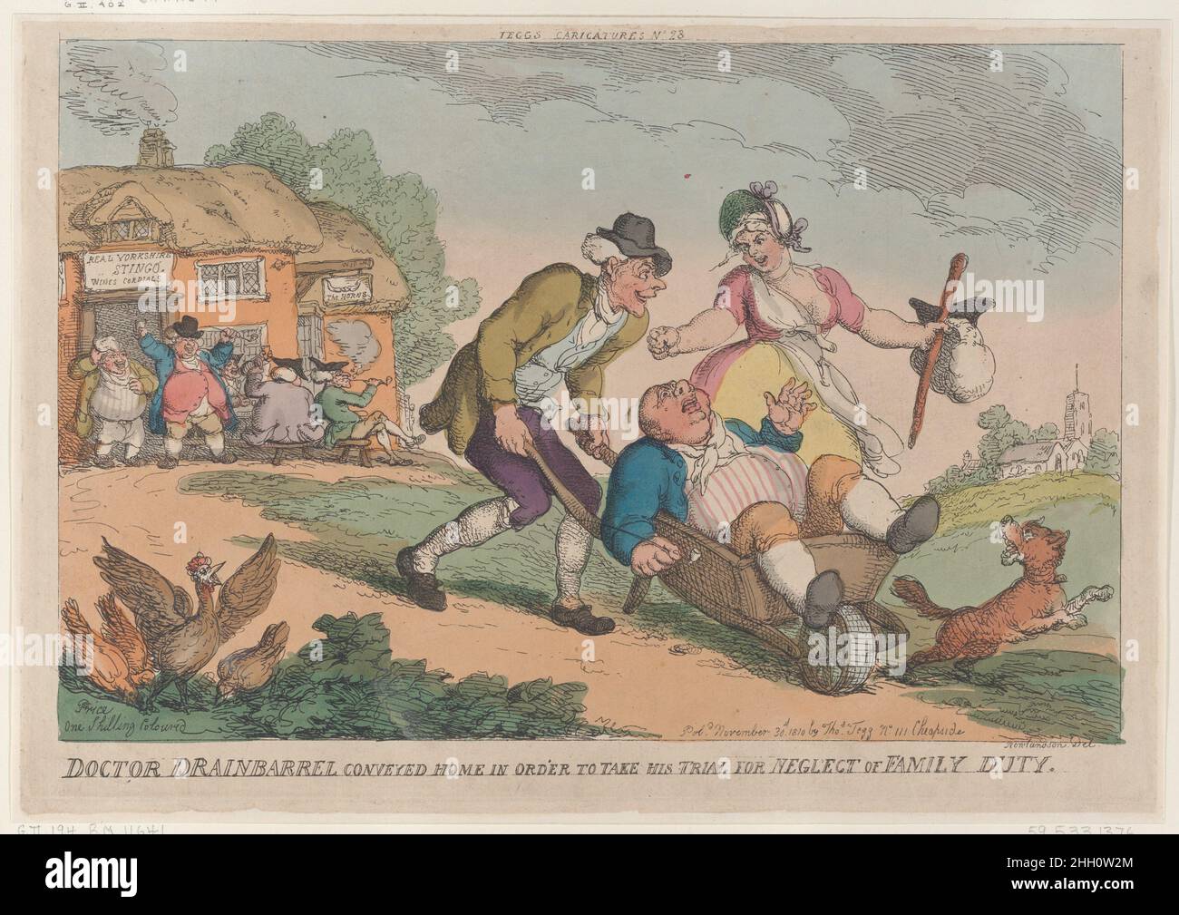Dr. Drainbarrel wird nach Hause gebracht, um wegen Vernachlässigung der Familiendienstleistung seinen Prozess zu machen 30. November 1810 Thomas Rowlandson Ein plumper Arzt wird von einem Landsmann in einer Schubkarre einen Hügel hinuntergeschoben. Seine Frau geht neben dem Schubkarren, hält seine Perücke, seinen Hut und seinen Stock und droht ihm wütend mit ihrer Faust, während ein Hund vor ihm läuft. Links im Hintergrund ist ein Gasthaus mit Dorfbewohnern, die draußen sitzen. Doktor Drainbarrel vermittelte nach Hause, um seinen Prozess wegen Vernachlässigung der Familienpflicht zu machen. Thomas Rowlandson (British, London 1757–1827 London). 30. November 1810. Handkolorierte Radierung. Thomas Tegg (Br Stockfoto