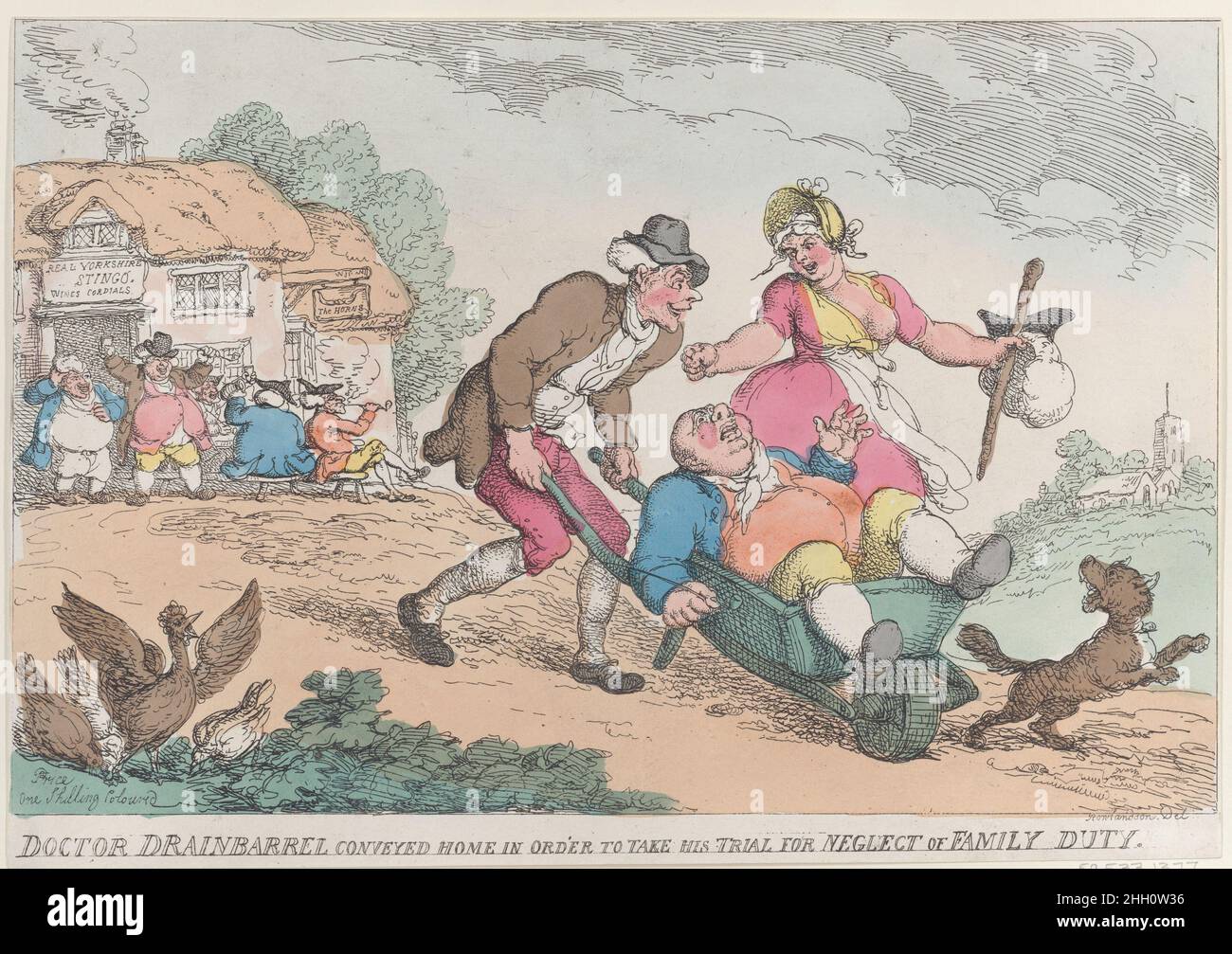 Dr. Drainbarrel wird nach Hause gebracht, um wegen Vernachlässigung der Familiendienstleistung seinen Prozess zu machen 30. November 1810 Thomas Rowlandson Ein plumper Arzt wird von einem Landsmann in einer Schubkarre einen Hügel hinuntergeschoben. Seine Frau geht neben dem Schubkarren, hält seine Perücke, seinen Hut und seinen Stock und droht ihm wütend mit ihrer Faust, während ein Hund vor ihm läuft. Links im Hintergrund ist ein Gasthaus mit Dorfbewohnern, die draußen sitzen. Doktor Drainbarrel vermittelte nach Hause, um seinen Prozess wegen Vernachlässigung der Familienpflicht zu machen. Thomas Rowlandson (British, London 1757–1827 London). 30. November 1810. Handkolorierte Radierung. Ausdrucke Stockfoto