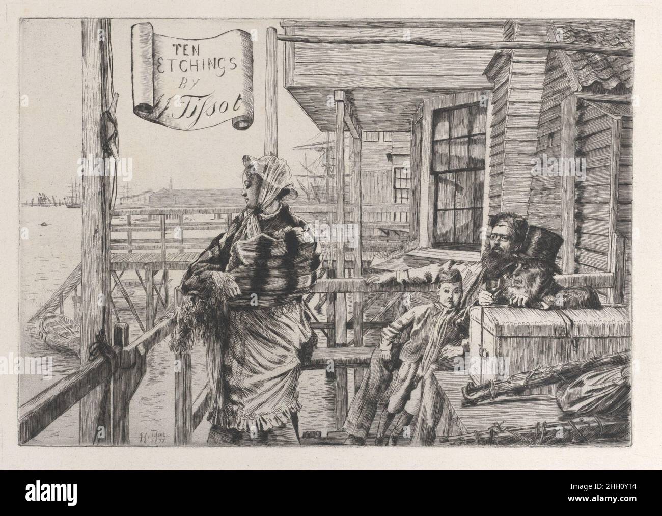 The Three Crows Inn, Gravesend 1877 James Tissot Französisch. The Three Crows Inn, Gravesend. Ten Etchings-Serie. James Tissot (Französisch, Nantes 1836–1902 Chenecey-Buillon). 1877. Radierung auf Büttenpapier; erster Zustand von drei. Ausdrucke Stockfoto