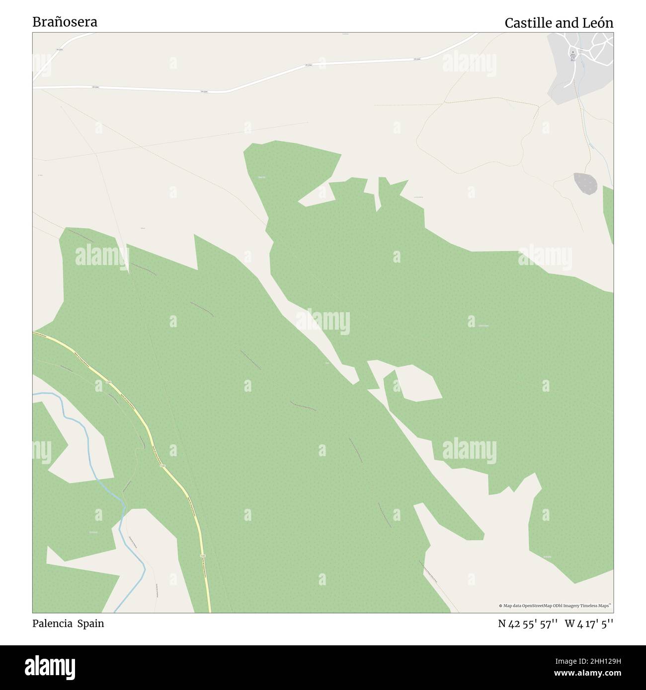 Brañosera, Palencia, Spain, Castille and León, N 42 55' 57'', W 4 17' 5'', map, Timeless Map veröffentlicht im Jahr 2021. Reisende, Entdecker und Abenteurer wie Florence Nightingale, David Livingstone, Ernest Shackleton, Lewis and Clark und Sherlock Holmes haben sich bei der Planung von Reisen zu den entlegensten Ecken der Welt auf Karten verlassen.Timeless Maps kartiert die meisten Orte auf der Welt und zeigt die Verwirklichung großer Träume Stockfoto