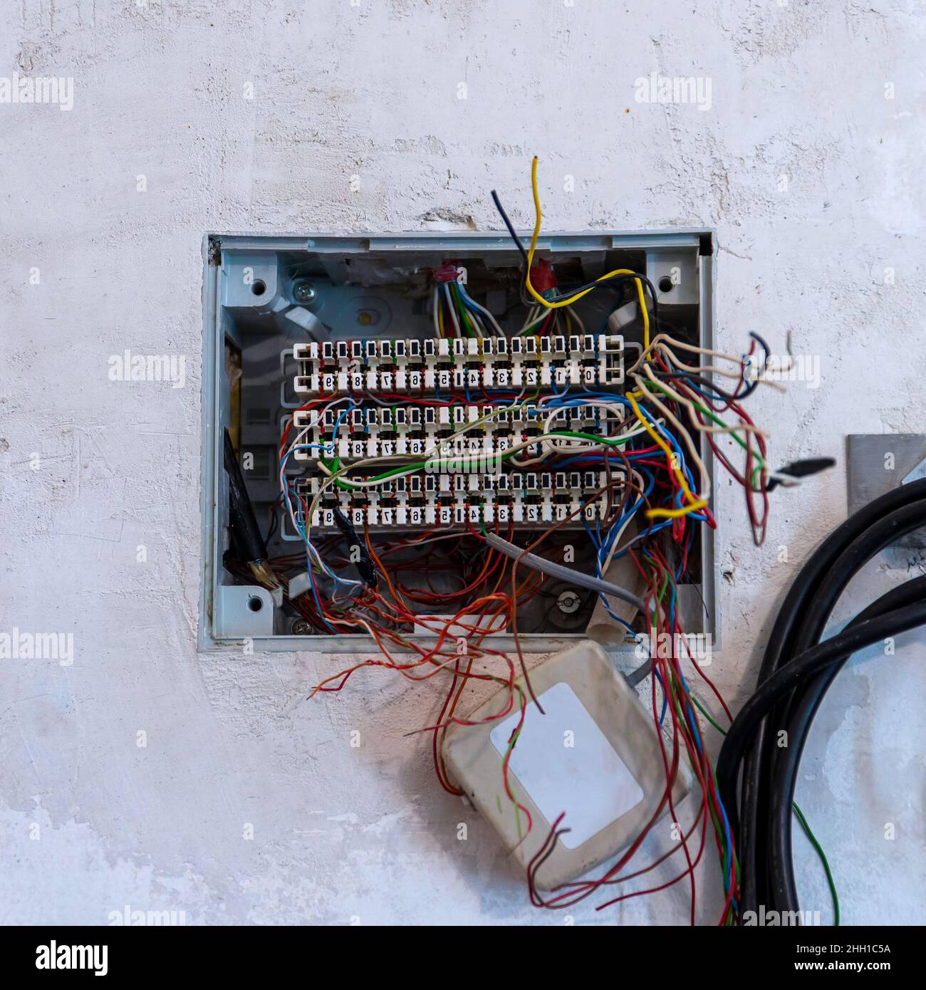 Offene Anschlussdose mit hervorstehenden Drähten, vorbereitet für die Montage und den Anschluss von Telefon- und Computerkabeln. Selektiver Fokus Stockfoto