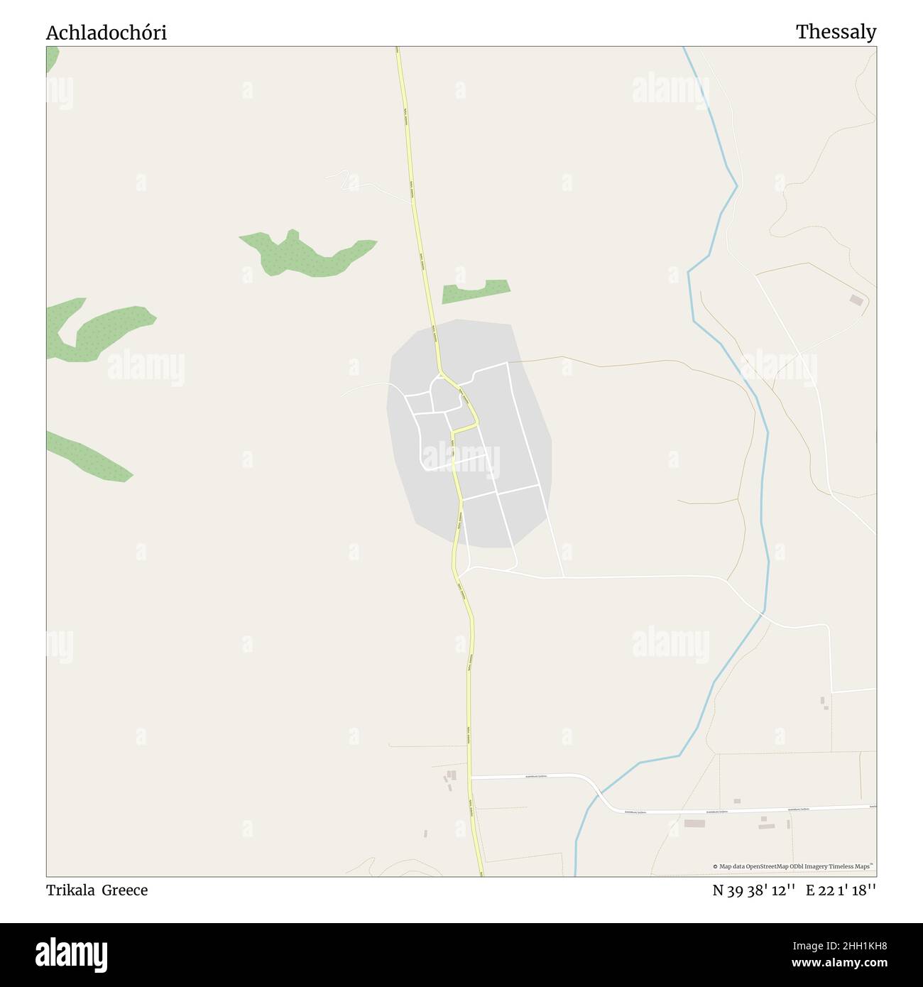 Achladochóri, Trikala, Greece, Thessaly, N 39 38' 12'', E 22 1' 18'', map, Timeless Map veröffentlicht im Jahr 2021. Reisende, Entdecker und Abenteurer wie Florence Nightingale, David Livingstone, Ernest Shackleton, Lewis and Clark und Sherlock Holmes haben sich bei der Planung von Reisen zu den entlegensten Ecken der Welt auf Karten verlassen.Timeless Maps kartiert die meisten Orte auf der Welt und zeigt die Verwirklichung großer Träume Stockfoto