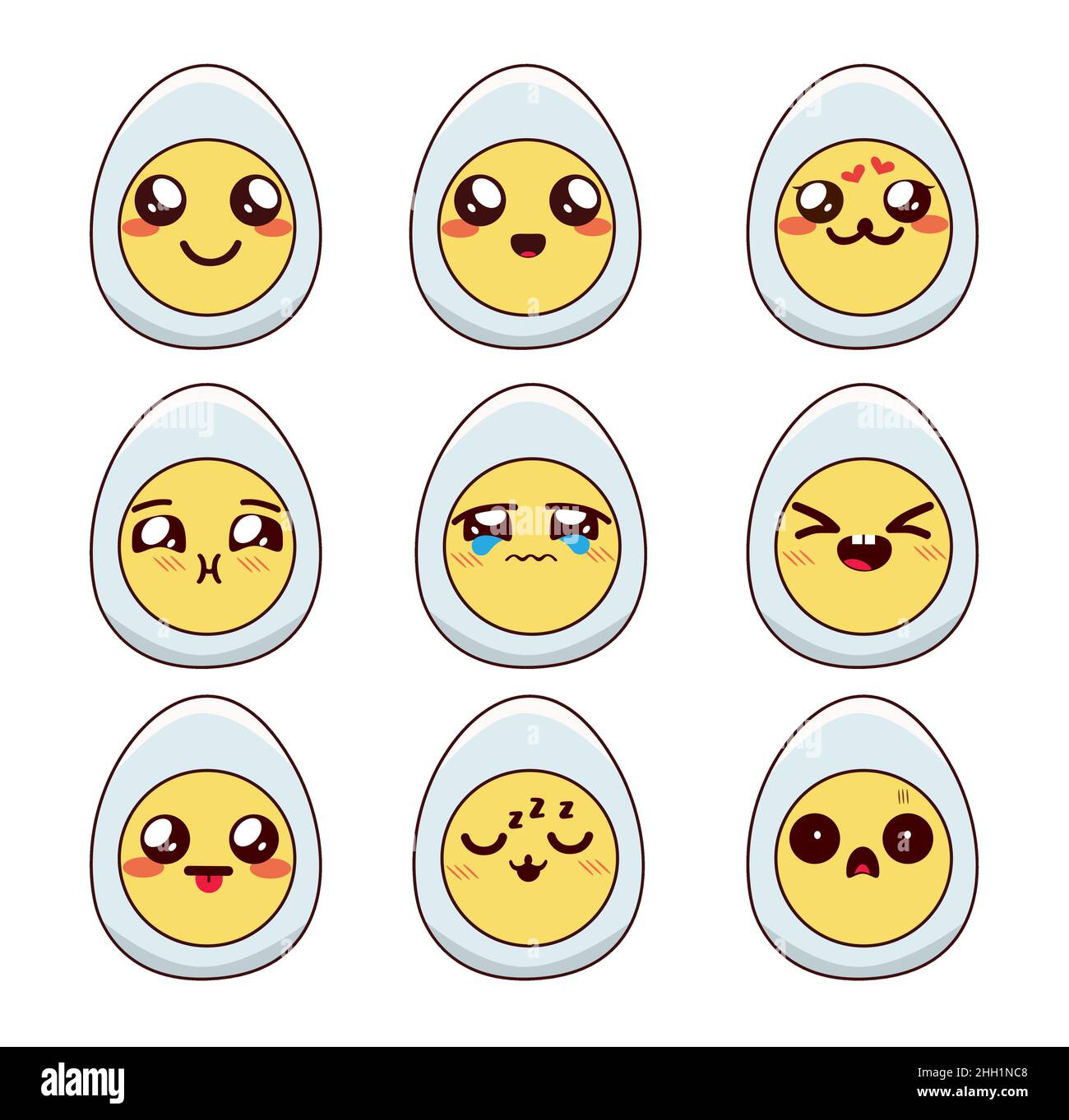 Kawaii Emoji Eier Vektor-Set-Design. Osterei chibi emojis mit niedlichen Gesichtsausdruck in ovaler Form Gesicht für Urlaub emoticon Cartoon-Kollektion. Stock Vektor