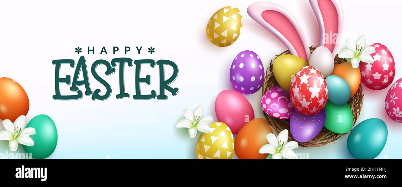 Ostern Saison Vektor Hintergrund-Design. Fröhlicher ostertext mit 3D bunten Eiern und Hasenohren in Korbnest-Dekoration für spielerische Eiersuche. Stock Vektor