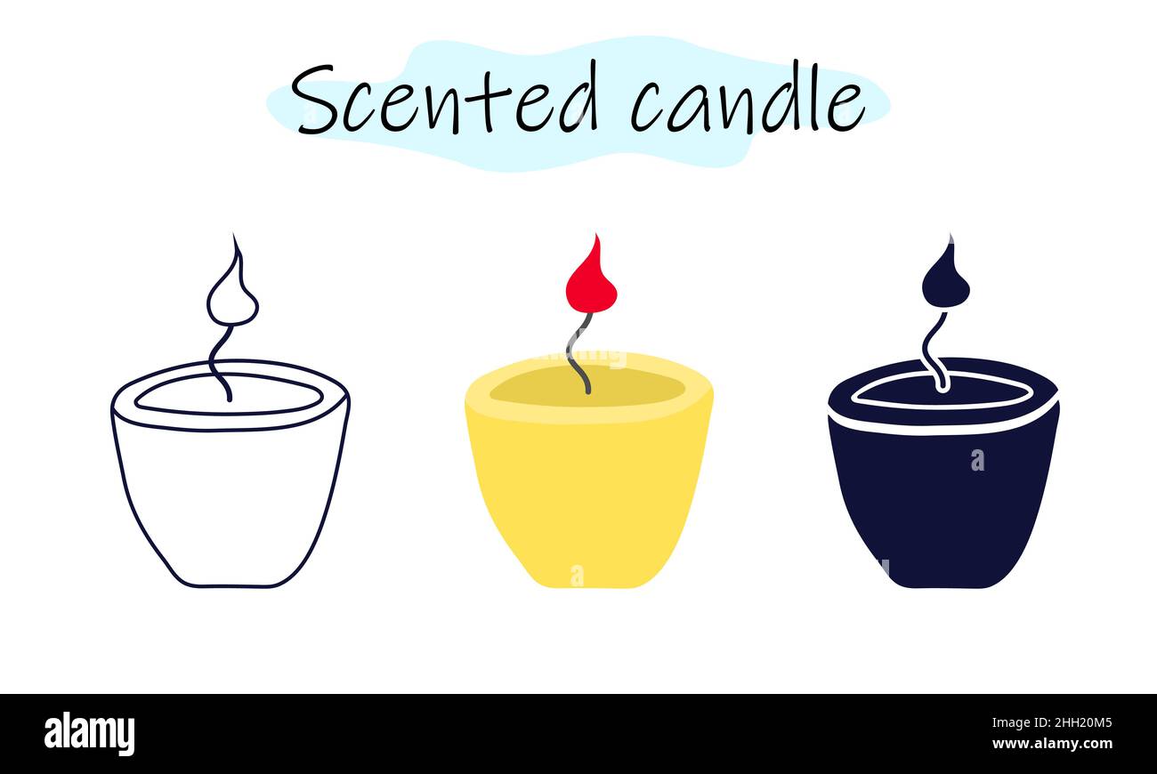 Eine aromatische Kerze in Form eines Glases mit brennender Flamme. Vektor-Illustration in Farbe, linear und einfarbig auf weißem Hintergrund. Stock Vektor