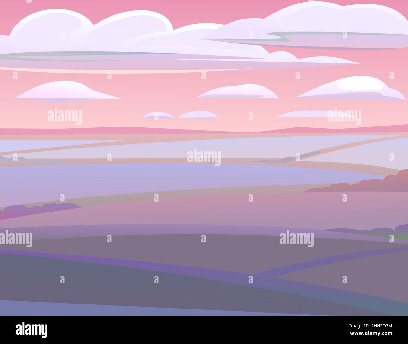 Abendlandschaft. Ländliche Landschaft schöne Aussicht. Dämmerung nach Sonnenuntergang. Früh am Morgen vor Sonnenaufgang. Felder und Wiesen. Flacher Style. Vektor. Stock Vektor