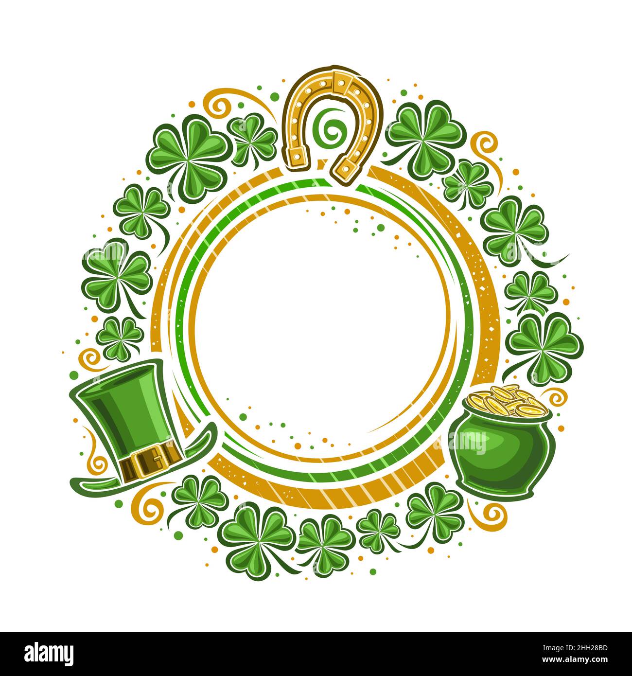 Vektorrahmen für St. Patrick's Day mit Platz für Text, Vorlage mit Illustration von Kleeblättern und runden Zierlinien, festlich floral c Stock Vektor