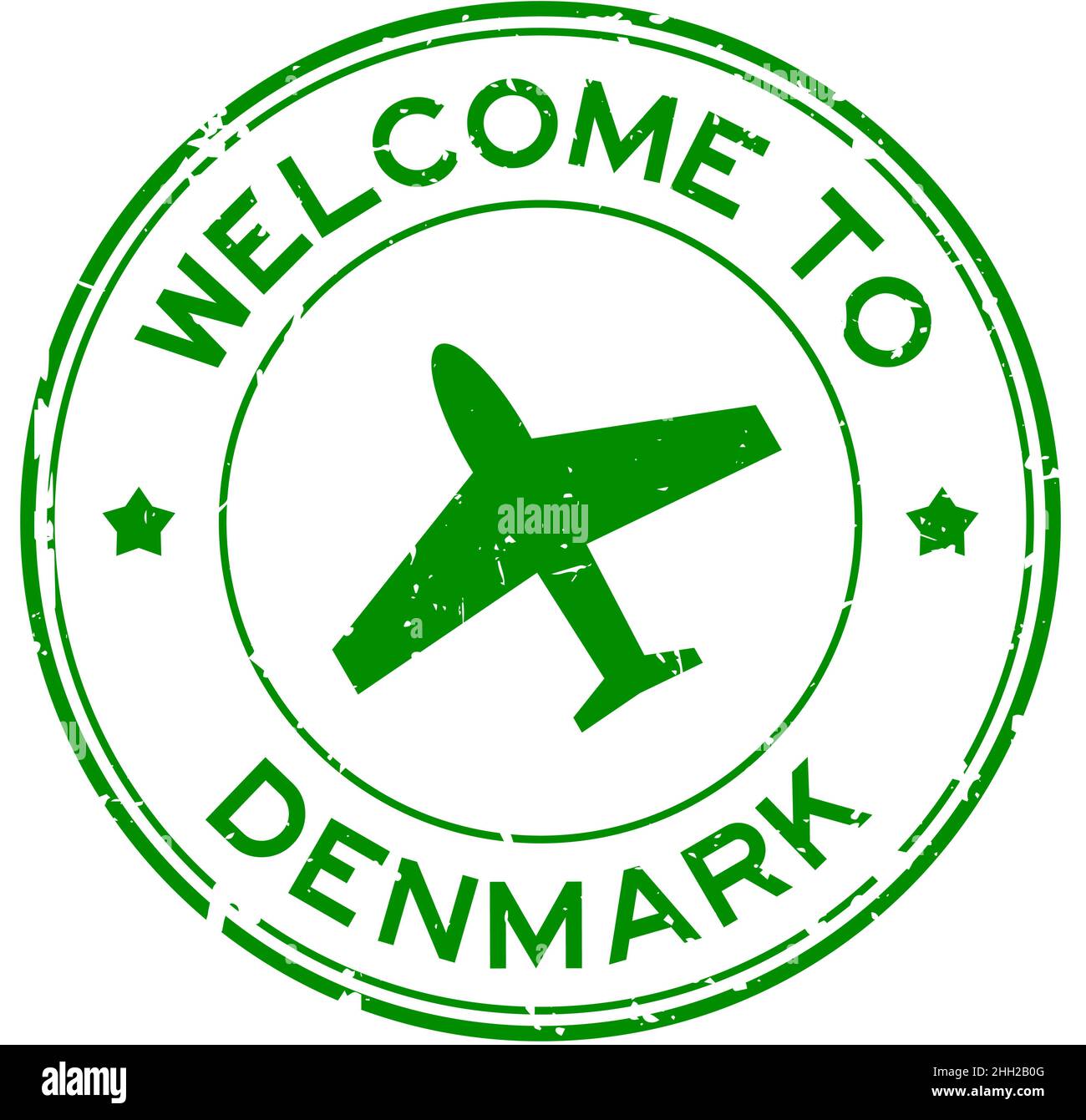 Grunge grün Willkommen in Dänemark Wort mit Flugzeug-Symbol rund Gummi-Siegel-Stempel auf weißem Hintergrund Stock Vektor