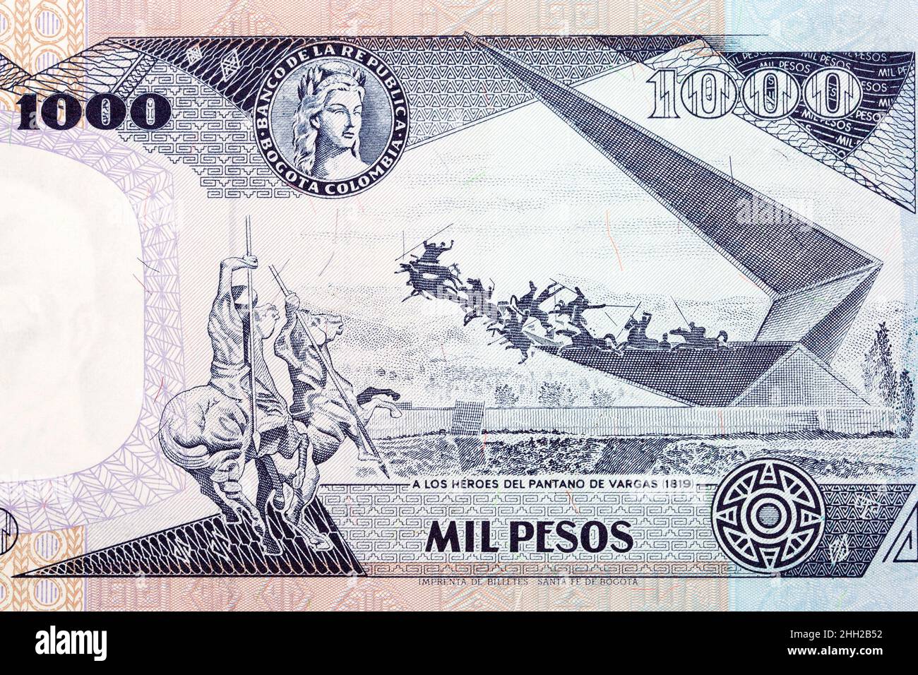 Szene zu Ehren von 1819 Kampfhelden aus dem alten kolumbianischen Geld - Pesos Stockfoto