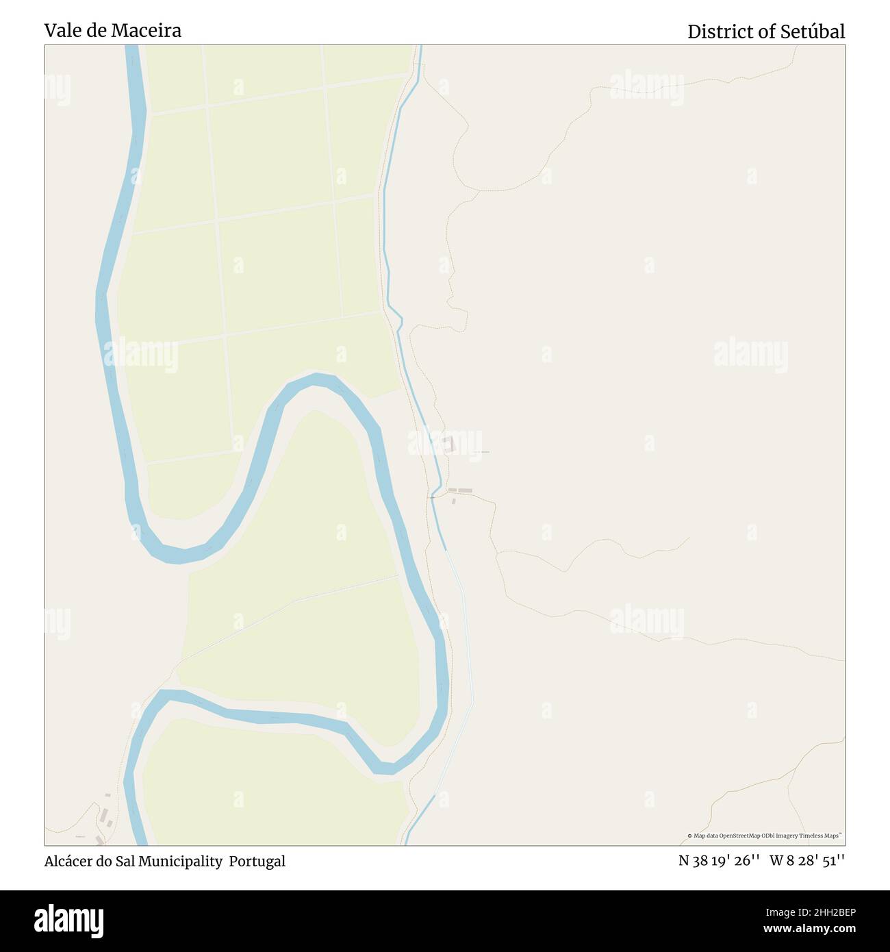 Vale de Maceira, Gemeinde Alcácer do Sal, Portugal, Bezirk Setúbal, N 38 19' 26'', W 8 28' 51'', Karte, Timeless Map veröffentlicht im Jahr 2021. Reisende, Entdecker und Abenteurer wie Florence Nightingale, David Livingstone, Ernest Shackleton, Lewis and Clark und Sherlock Holmes haben sich bei der Planung von Reisen zu den entlegensten Ecken der Welt auf Karten verlassen.Timeless Maps kartiert die meisten Orte auf der Welt und zeigt die Verwirklichung großer Träume Stockfoto