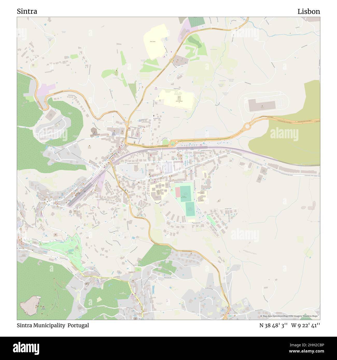 Sintra, Gemeinde Sintra, Portugal, Lissabon, N 38 48' 3'', W 9 22' 41'', Karte, Timeless Map veröffentlicht im Jahr 2021. Reisende, Entdecker und Abenteurer wie Florence Nightingale, David Livingstone, Ernest Shackleton, Lewis and Clark und Sherlock Holmes haben sich bei der Planung von Reisen zu den entlegensten Ecken der Welt auf Karten verlassen.Timeless Maps kartiert die meisten Orte auf der Welt und zeigt die Verwirklichung großer Träume Stockfoto