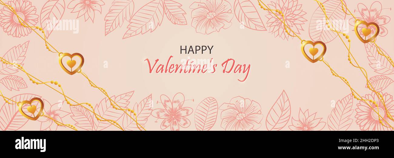 Happy Valentine's Day Banner, Website-Header. Einzigartiges, kreatives florales Hintergrunddesign mit golden glänzenden Herzen Anhänger Schmuck mit Perlen Stock Vektor