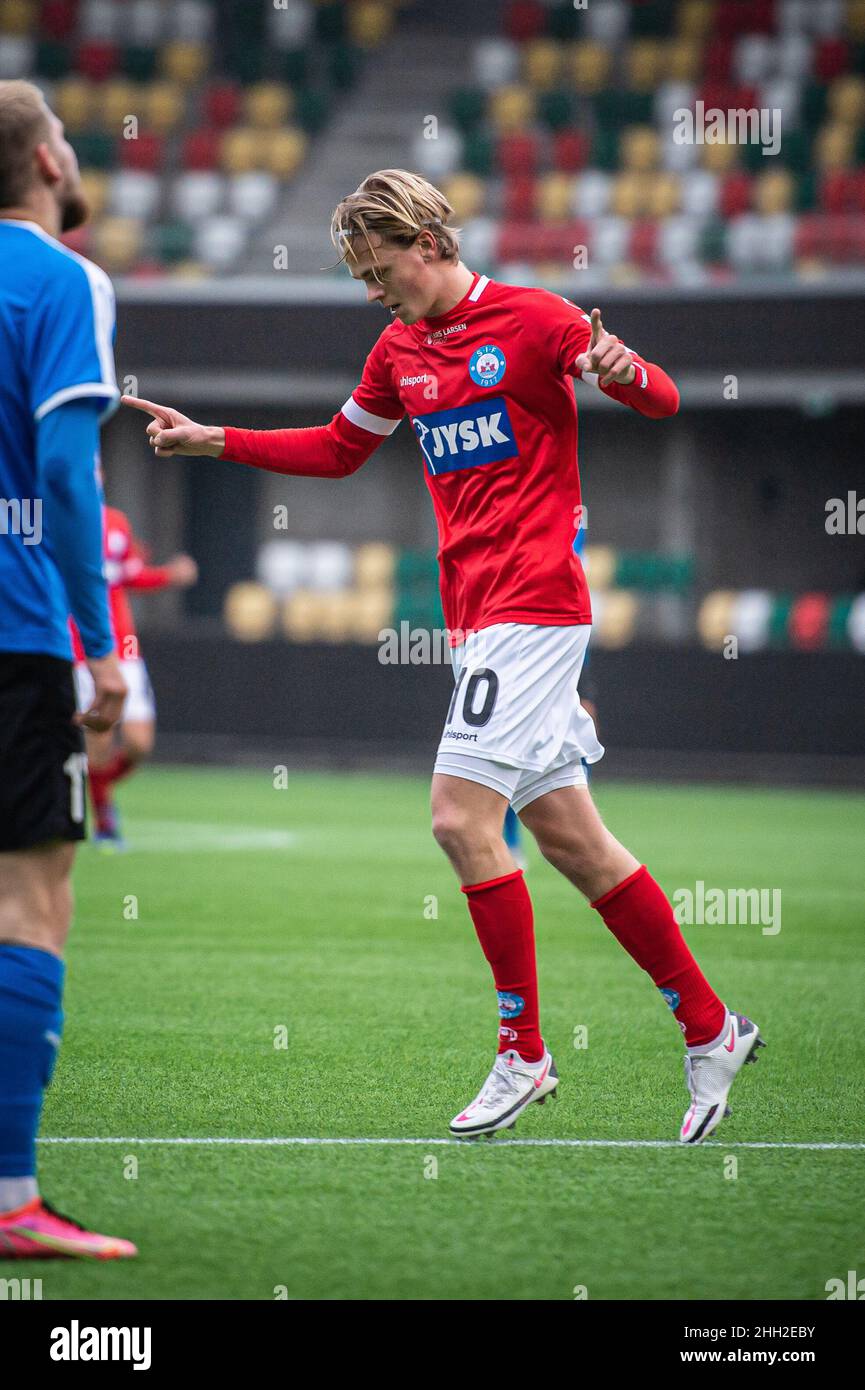 Silkeborg, Dänemark. 22nd, Januar 2022. Soren Tengstedt (10) aus Silkeborg IF punktet bei einem Testspiel zwischen Silkeborg IF und Middelfart im Jysk Park in Silkeborg mit 1-0 Punkten. (Foto: Gonzales Photo - Morten Kjaer). Stockfoto