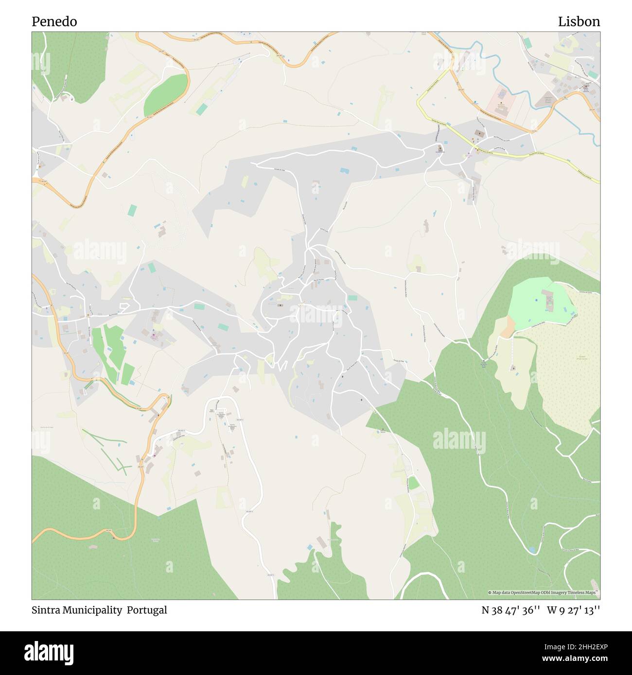 Penedo, Gemeinde Sintra, Portugal, Lissabon, N 38 47' 36'', W 9 27' 13'', map, Timeless Map veröffentlicht im Jahr 2021. Reisende, Entdecker und Abenteurer wie Florence Nightingale, David Livingstone, Ernest Shackleton, Lewis and Clark und Sherlock Holmes haben sich bei der Planung von Reisen zu den entlegensten Ecken der Welt auf Karten verlassen.Timeless Maps kartiert die meisten Orte auf der Welt und zeigt die Verwirklichung großer Träume Stockfoto