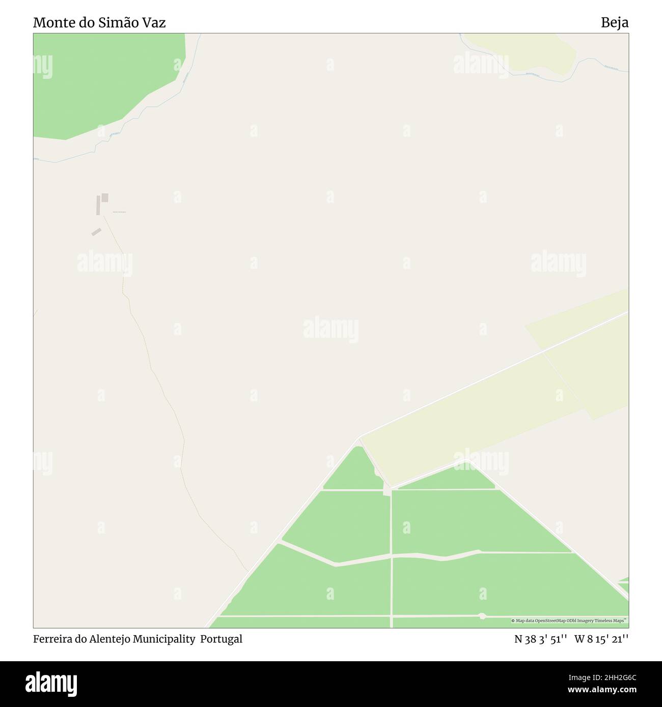 Monte do Simão Vaz, Gemeinde Ferreira do Alentejo, Portugal, Beja, N 38 3' 51'', W 8 15' 21'', map, Timeless Map veröffentlicht im Jahr 2021. Reisende, Entdecker und Abenteurer wie Florence Nightingale, David Livingstone, Ernest Shackleton, Lewis and Clark und Sherlock Holmes haben sich bei der Planung von Reisen zu den entlegensten Ecken der Welt auf Karten verlassen.Timeless Maps kartiert die meisten Orte auf der Welt und zeigt die Verwirklichung großer Träume Stockfoto