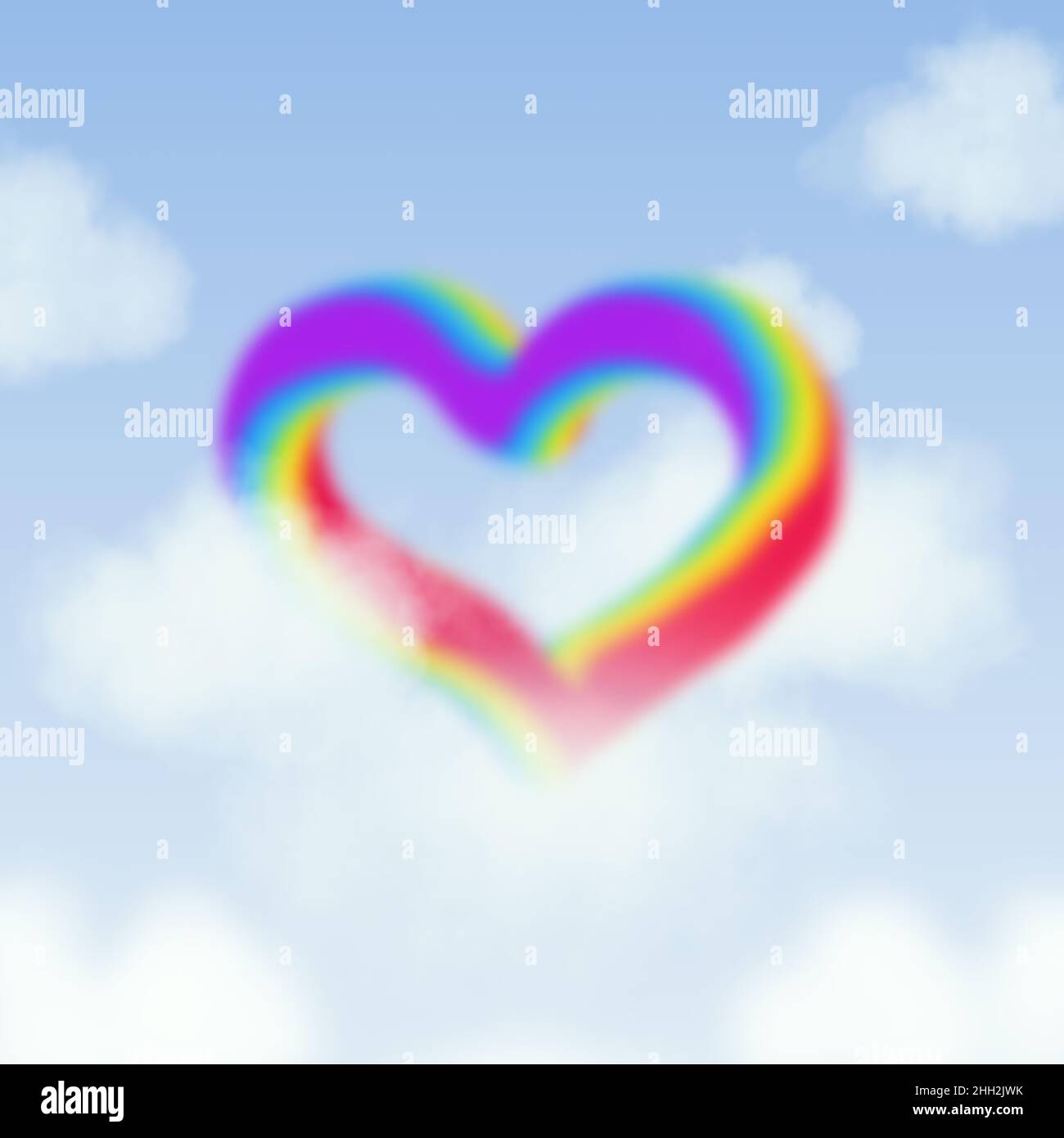 Herzförmiger Regenbogen auf einem bewölkten Himmel Hintergrund für Valentinstag. Stockfoto