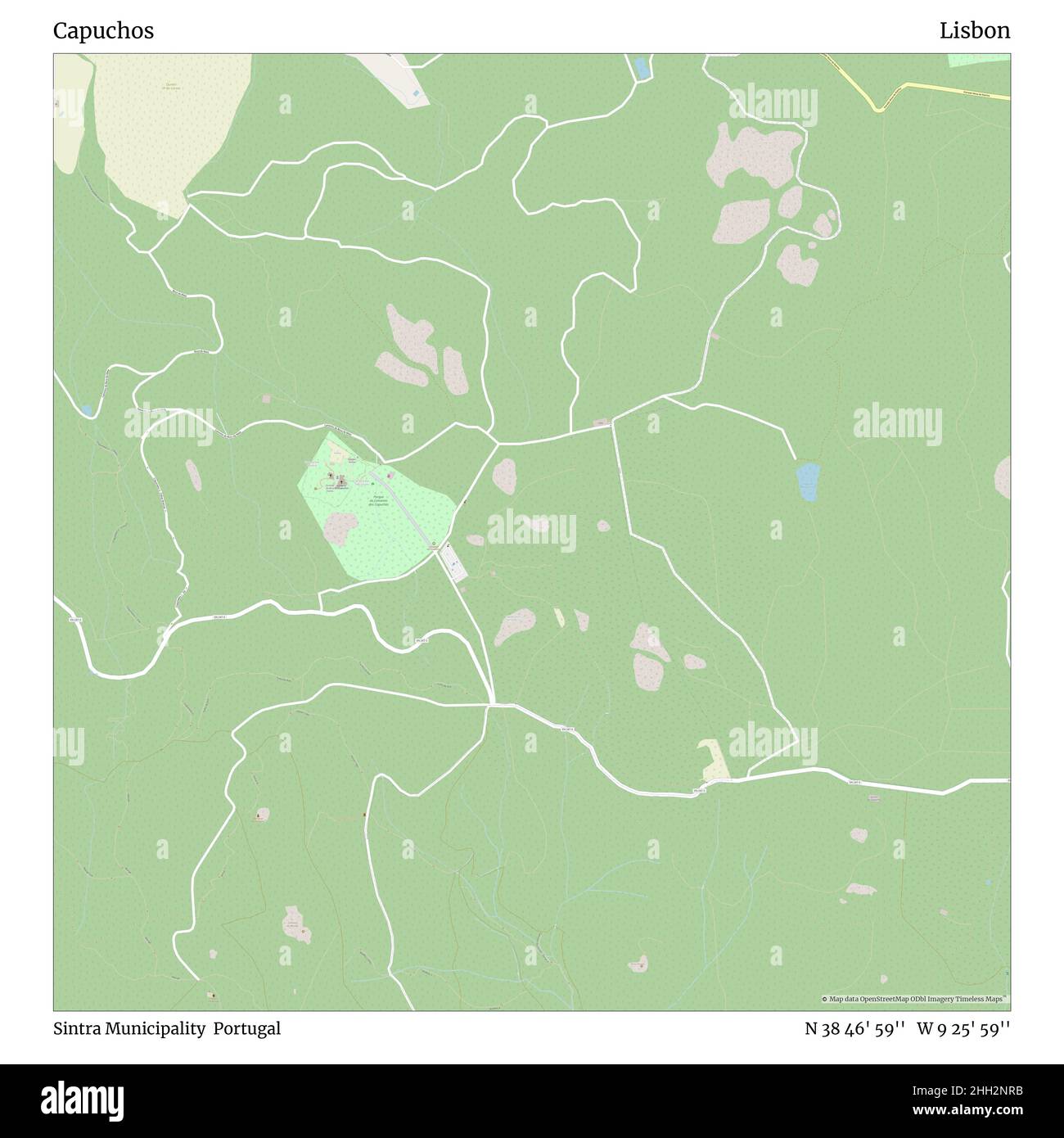 Kapuziner, Gemeinde Sintra, Portugal, Lissabon, N 38 46' 59'', W 9 25' 59'', Karte, Timeless Map veröffentlicht im Jahr 2021. Reisende, Entdecker und Abenteurer wie Florence Nightingale, David Livingstone, Ernest Shackleton, Lewis and Clark und Sherlock Holmes haben sich bei der Planung von Reisen zu den entlegensten Ecken der Welt auf Karten verlassen.Timeless Maps kartiert die meisten Orte auf der Welt und zeigt die Verwirklichung großer Träume Stockfoto