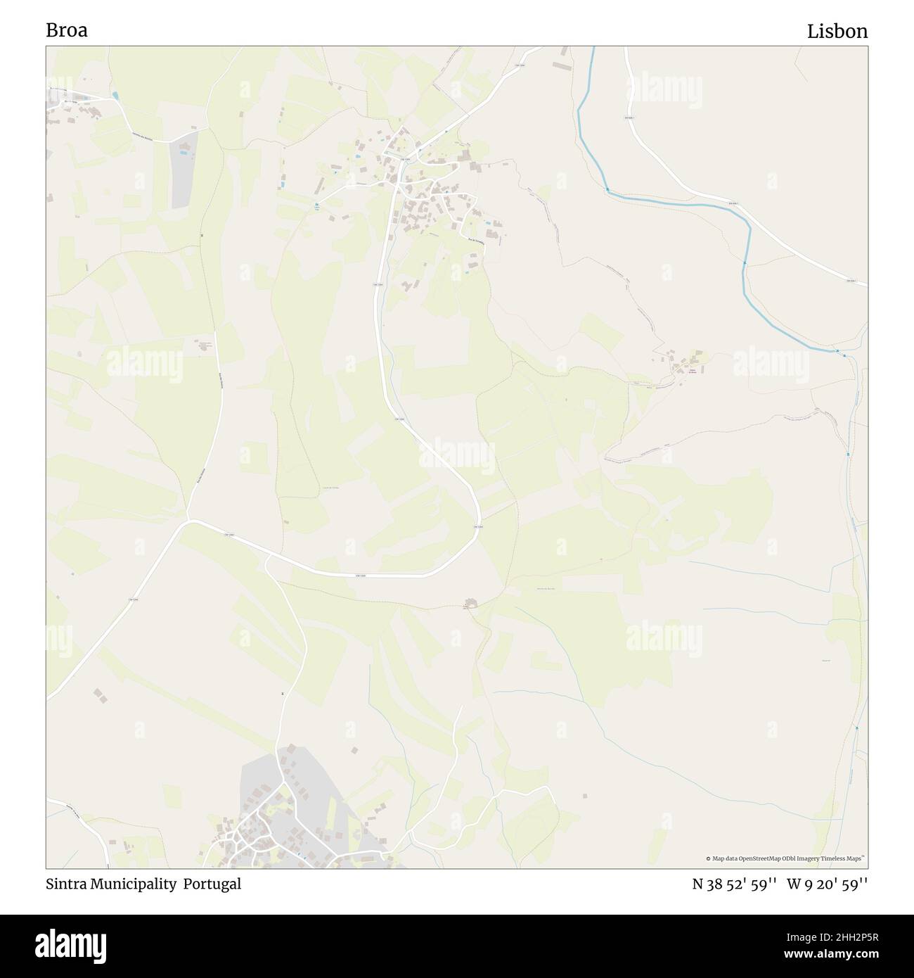 Broa, Gemeinde Sintra, Portugal, Lissabon, N 38 52' 59'', W 9 20' 59'', map, Timeless Map veröffentlicht im Jahr 2021. Reisende, Entdecker und Abenteurer wie Florence Nightingale, David Livingstone, Ernest Shackleton, Lewis and Clark und Sherlock Holmes haben sich bei der Planung von Reisen zu den entlegensten Ecken der Welt auf Karten verlassen.Timeless Maps kartiert die meisten Orte auf der Welt und zeigt die Verwirklichung großer Träume Stockfoto