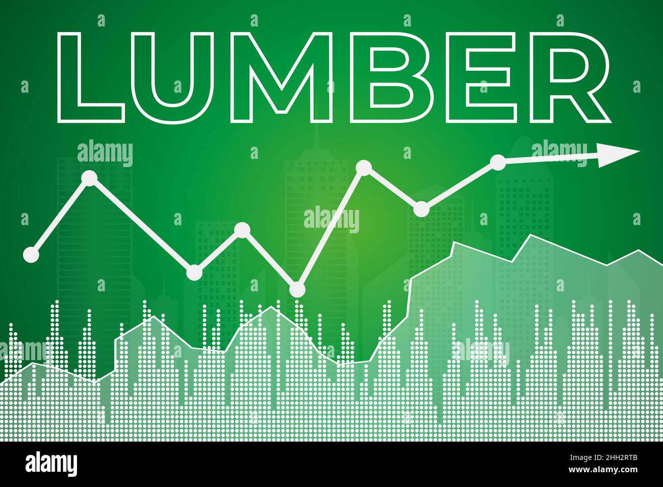 Wörter Lumber auf grünem Finanzhintergrund von Spalten, Linie, Pfeil, Stadtform. Futures-Marktkonzept Stock Vektor