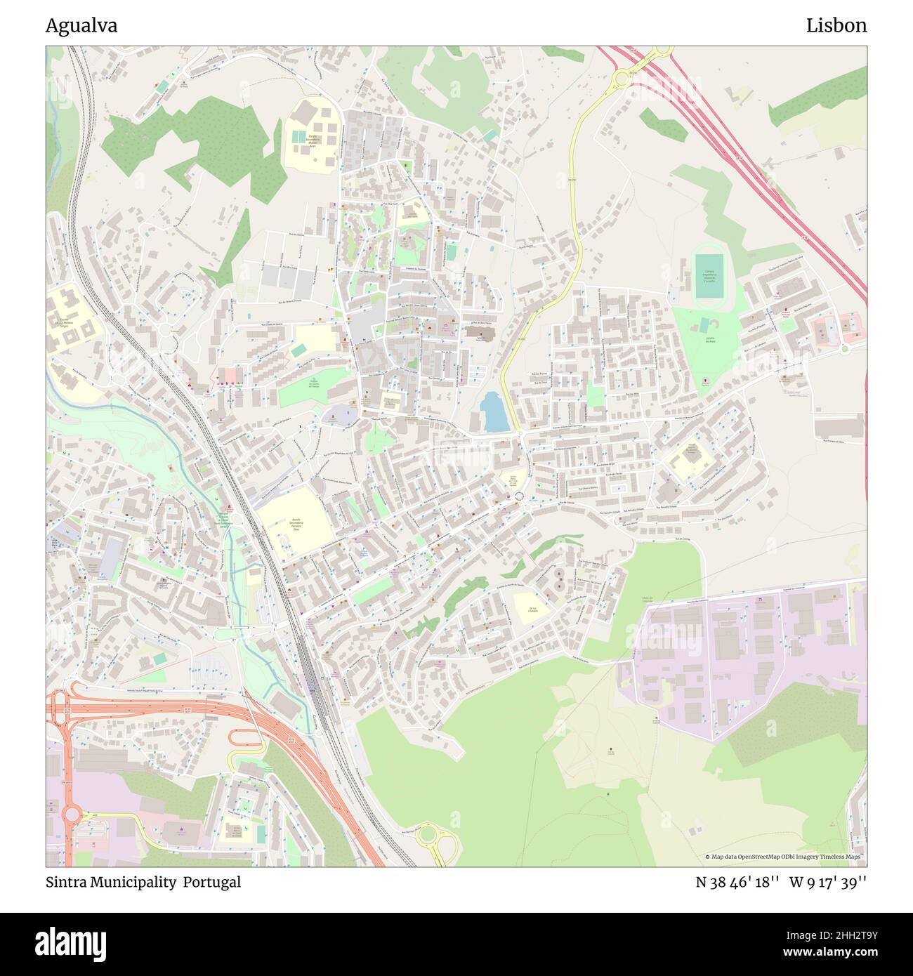 Agualva, Gemeinde Sintra, Portugal, Lissabon, N 38 46' 18'', W 9 17' 39'', map, Timeless Map veröffentlicht im Jahr 2021. Reisende, Entdecker und Abenteurer wie Florence Nightingale, David Livingstone, Ernest Shackleton, Lewis and Clark und Sherlock Holmes haben sich bei der Planung von Reisen zu den entlegensten Ecken der Welt auf Karten verlassen.Timeless Maps kartiert die meisten Orte auf der Welt und zeigt die Verwirklichung großer Träume Stockfoto